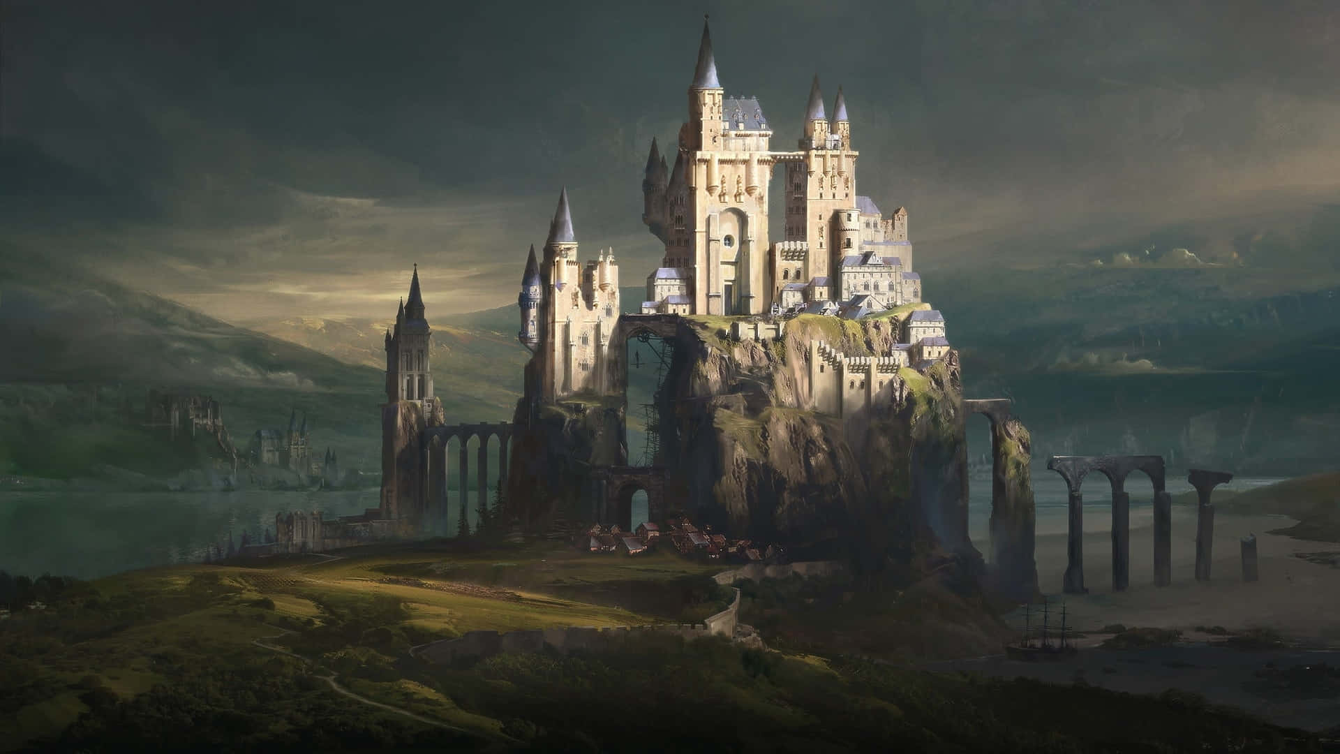 majestic gothic castle, cliff, broken stone bridges, Full HD Desktop Wallpaper