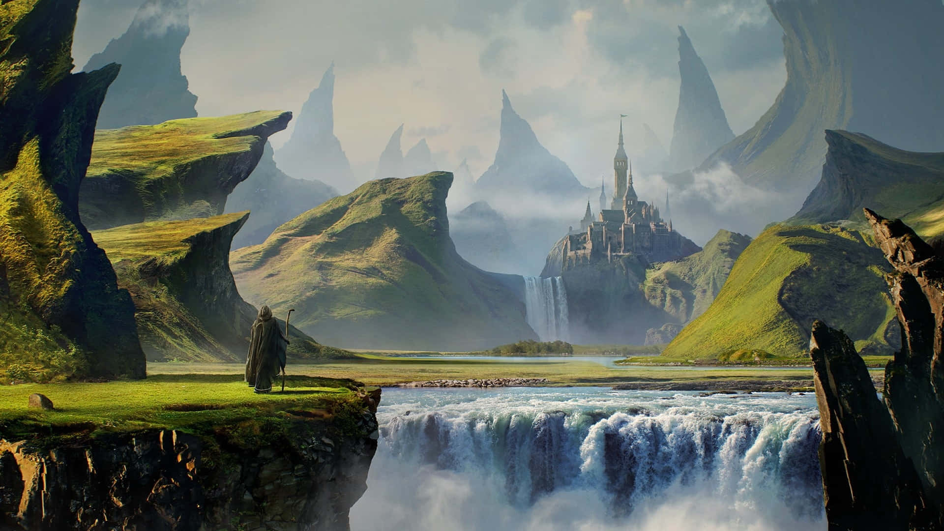 spectacular magical kingdom, sunset, robed figure, Full HD Desktop Wallpaper