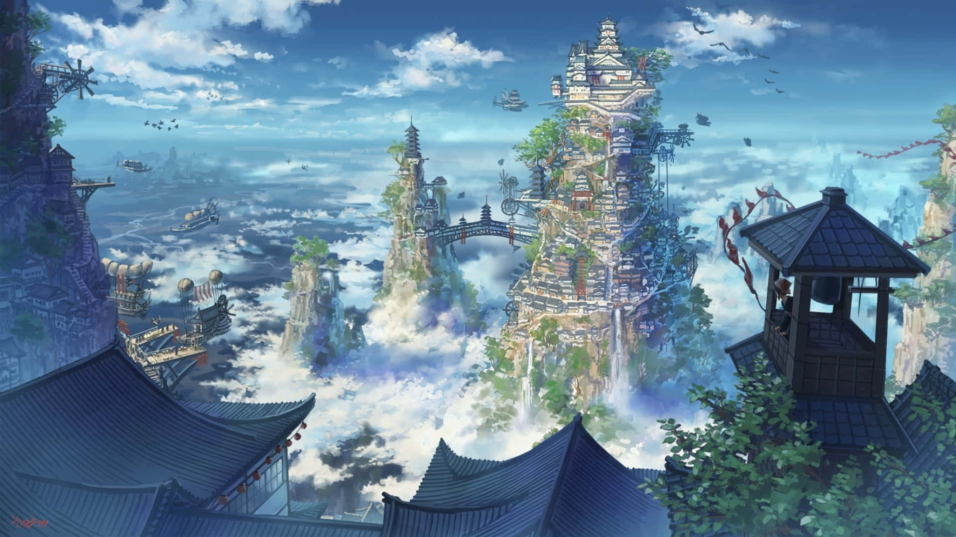 mystical sky temples, floating sky islands, ancient pagodas, Full HD Desktop Wallpaper