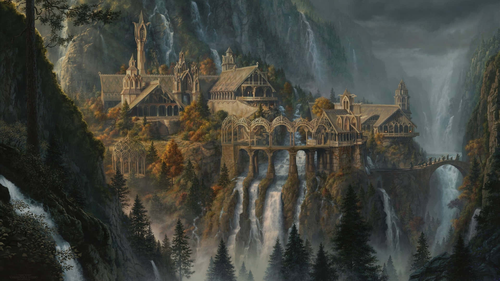 mystical mountain castle, waterfalls, autumnal forests, Full HD Desktop Wallpaper