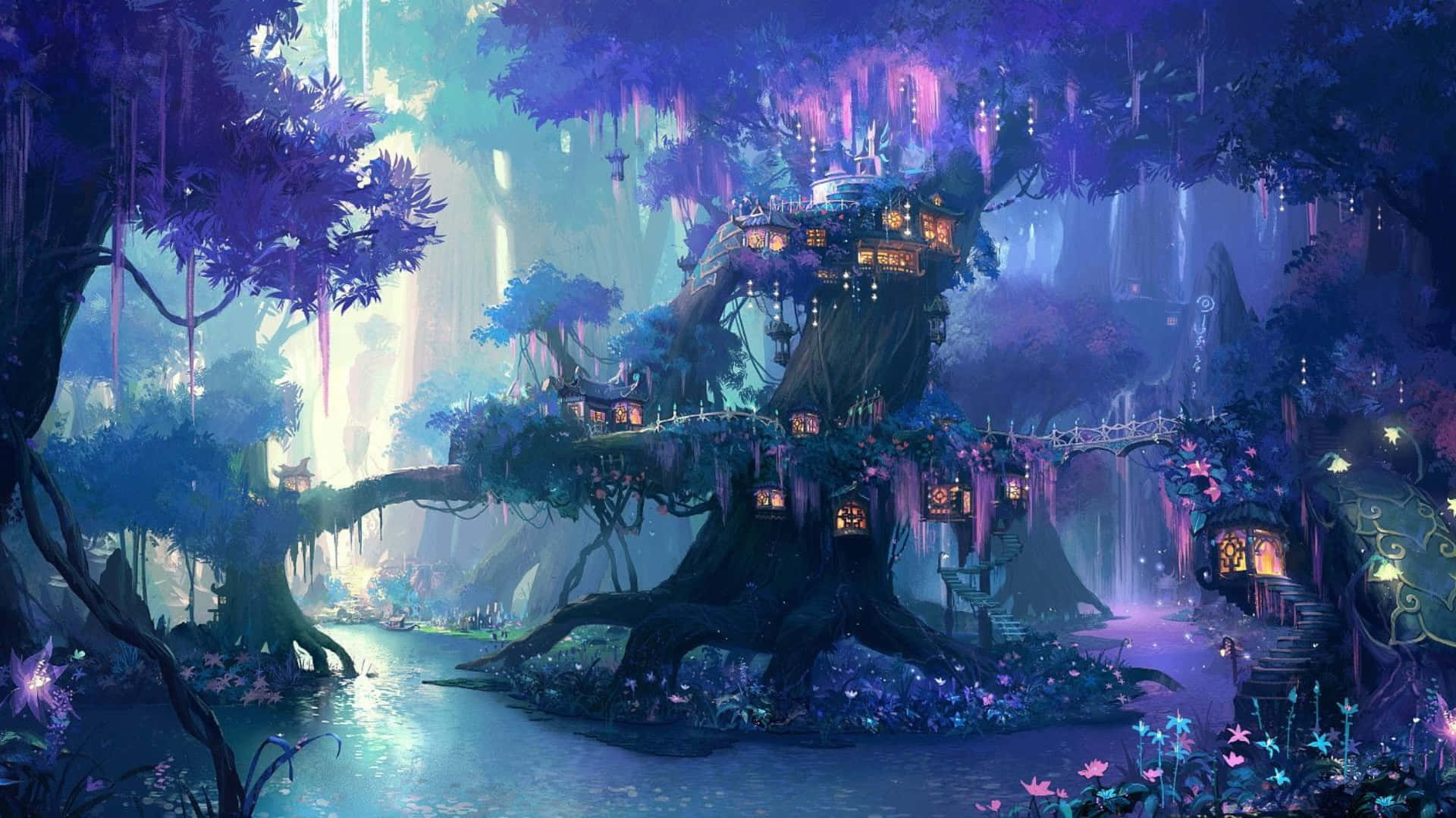 fantasy world, twilight sky, magical treehouse village, Full HD Desktop Wallpaper