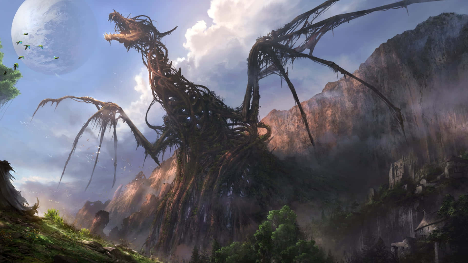 colossal tree-dragon, misty mountains, giant moon, Full HD Desktop Wallpaper