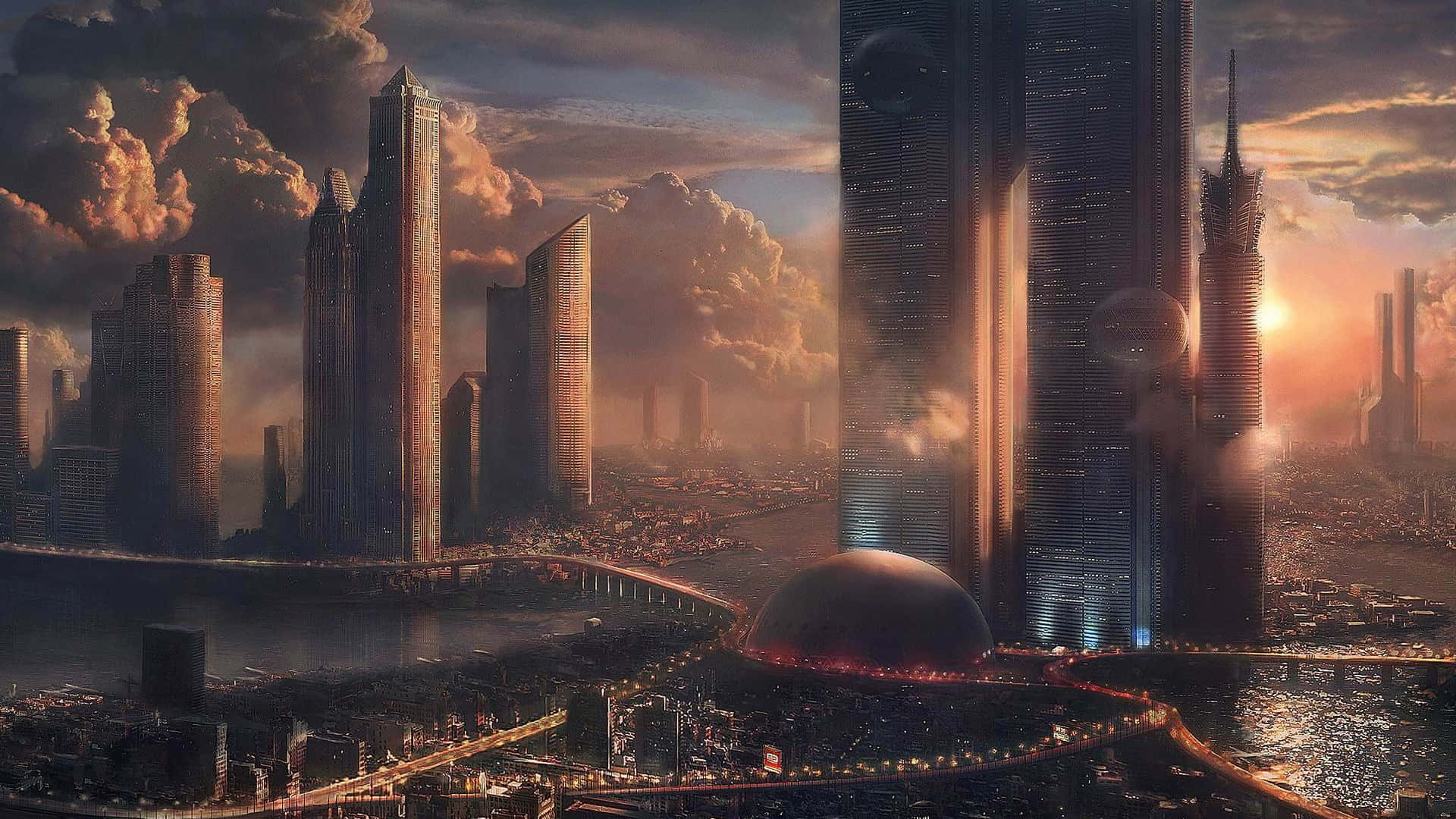 fantasy world, sunset, futuristic cityscape, Full HD Desktop Wallpaper