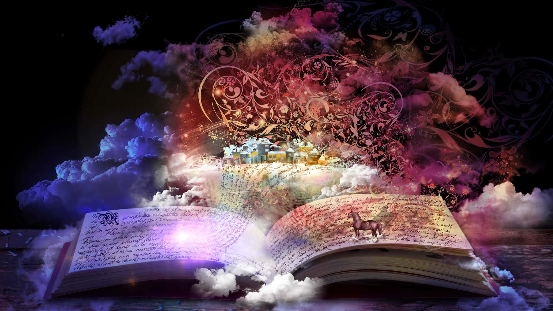 open book, dark space, swirling clouds, Full HD Desktop Wallpaper