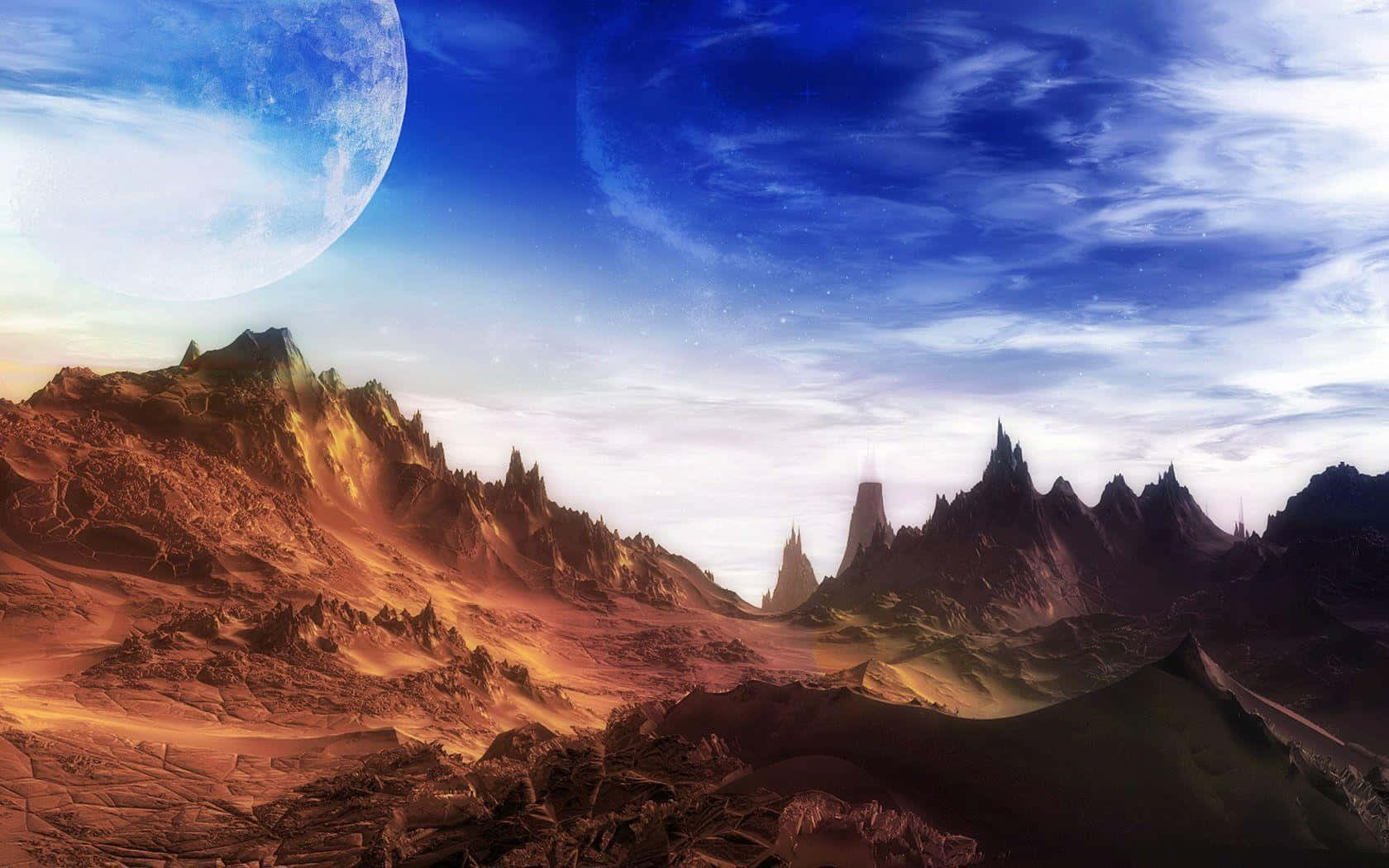 fantasy landscape, moonlit mountains, jagged red mountains, HD Desktop Wallpaper