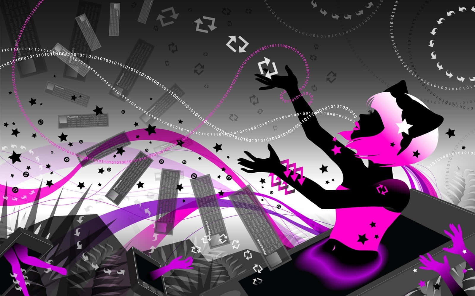 abstract digital world fantasy, pink silhouette of a woman, star patterns, HD Desktop Wallpaper