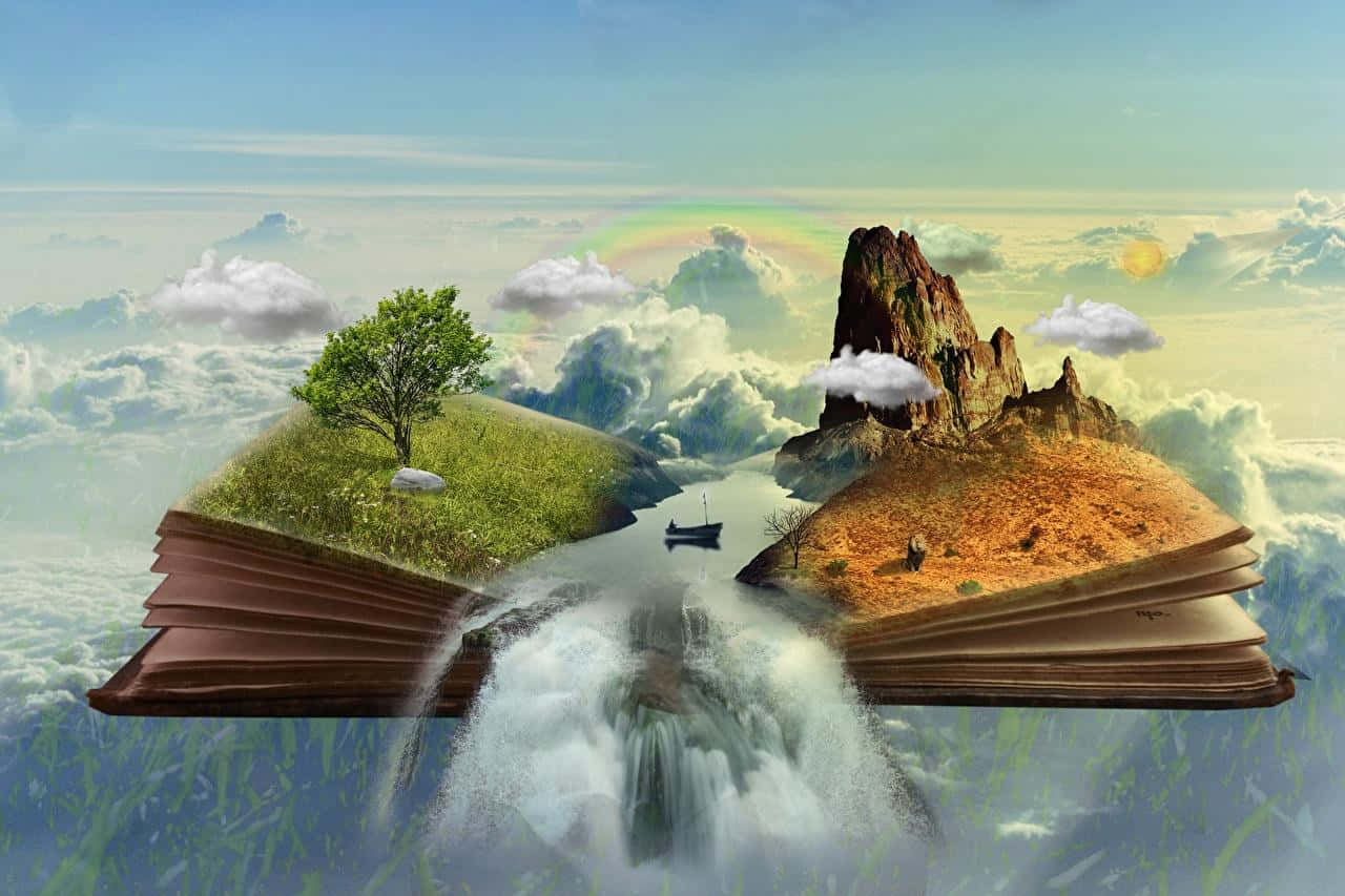 Fantasy Landscape Literary Worlds, open book, two islands, HD Desktop Wallpaper
