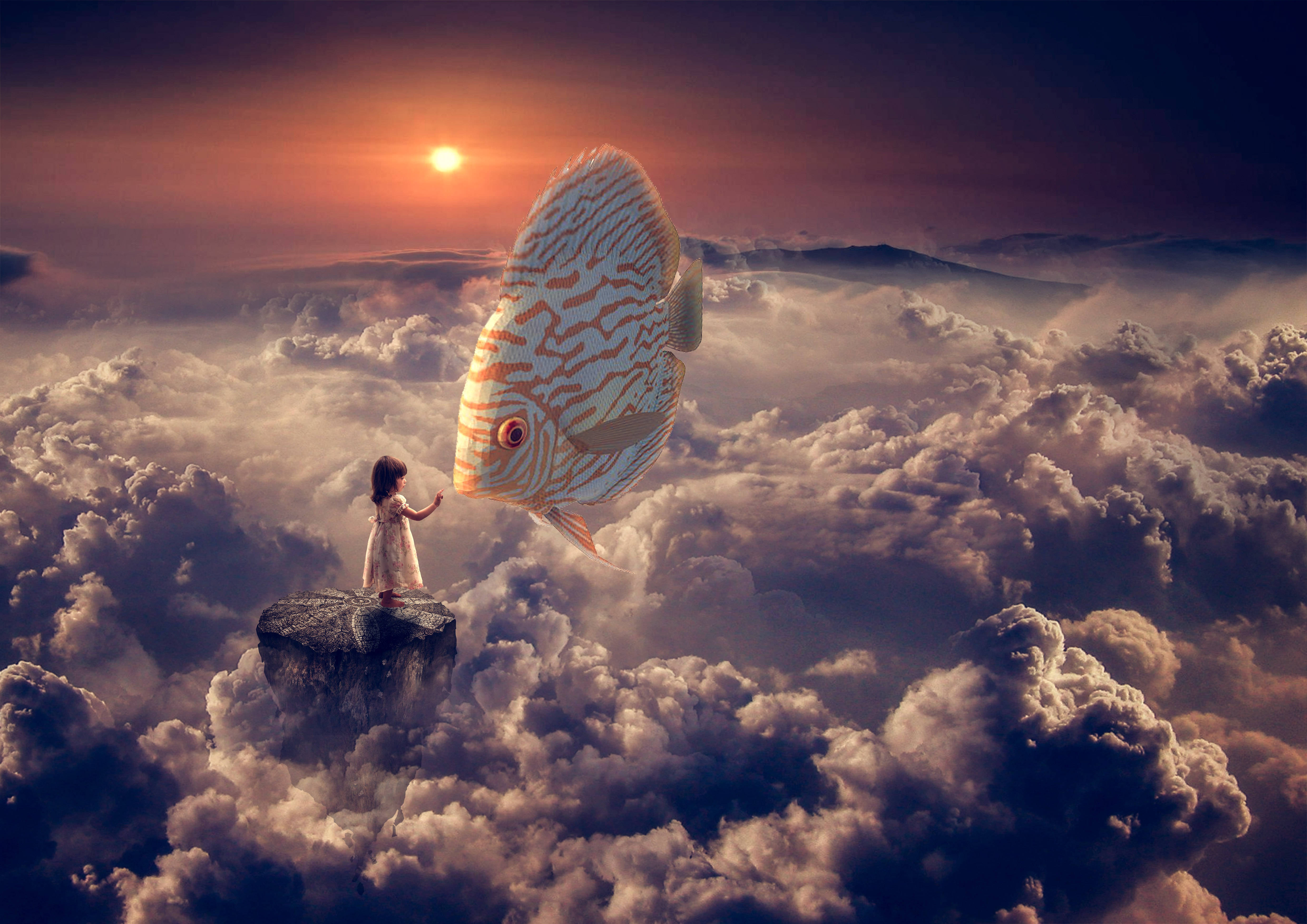 girl, fish, clouds, 4K Desktop Wallpaper