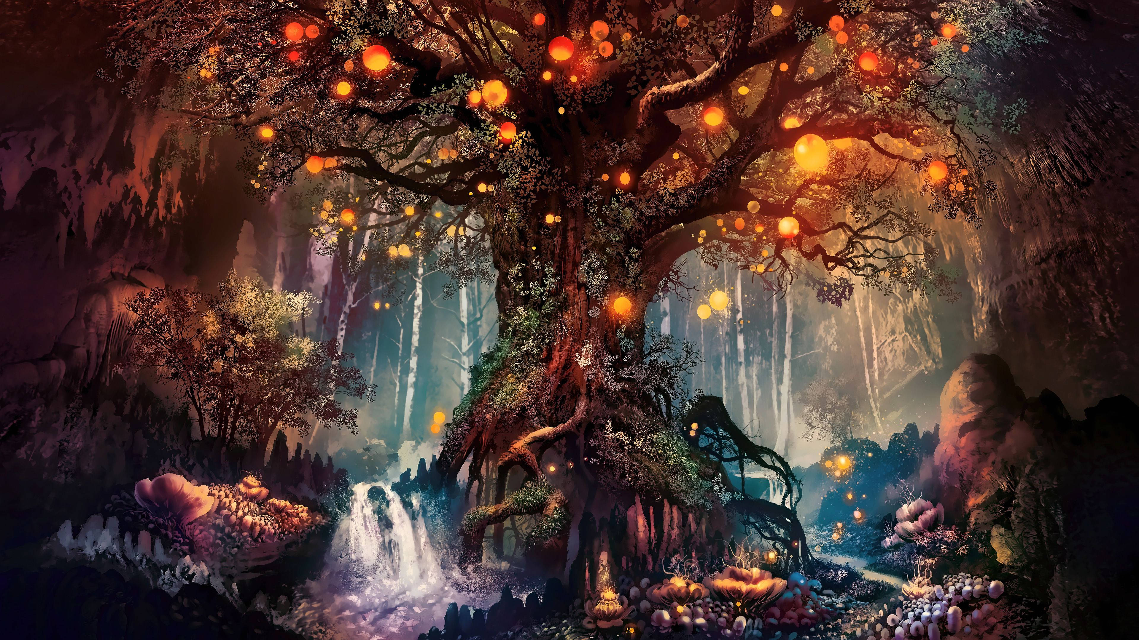 magical tree, glowing orange orbs, cascading waterfall, 4K Desktop Wallpaper