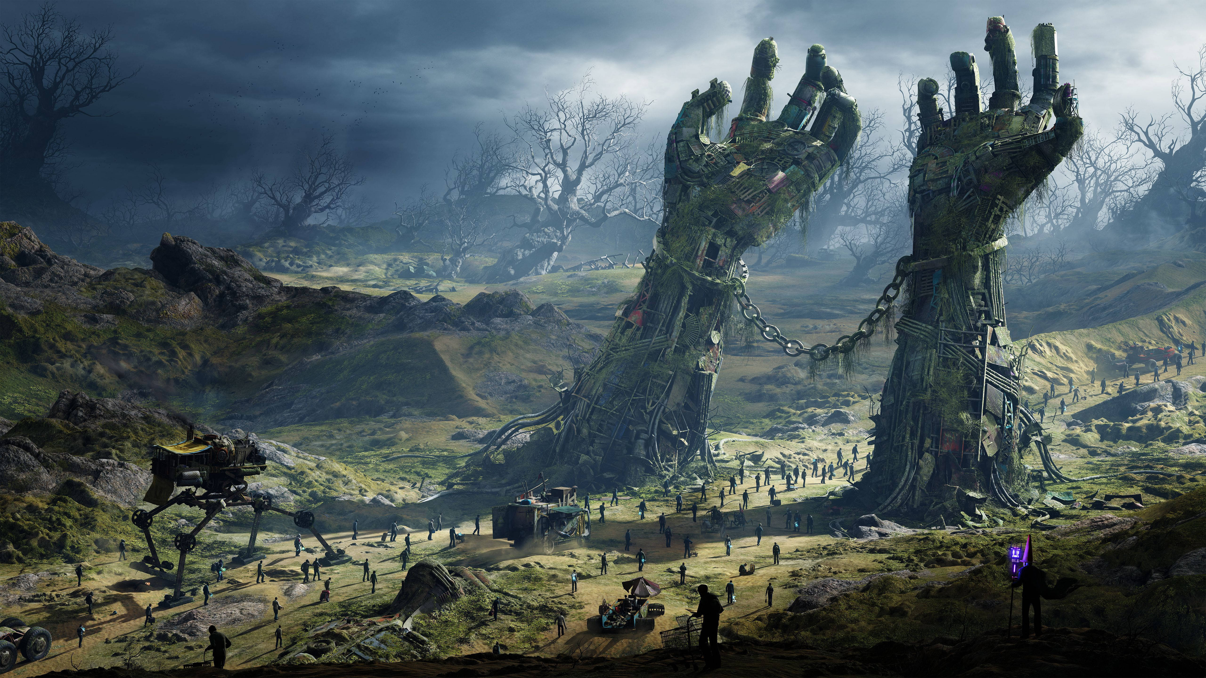 5k hands architecture fantasy, colossal chained hands, desolate landscape, 5K Desktop Wallpaper