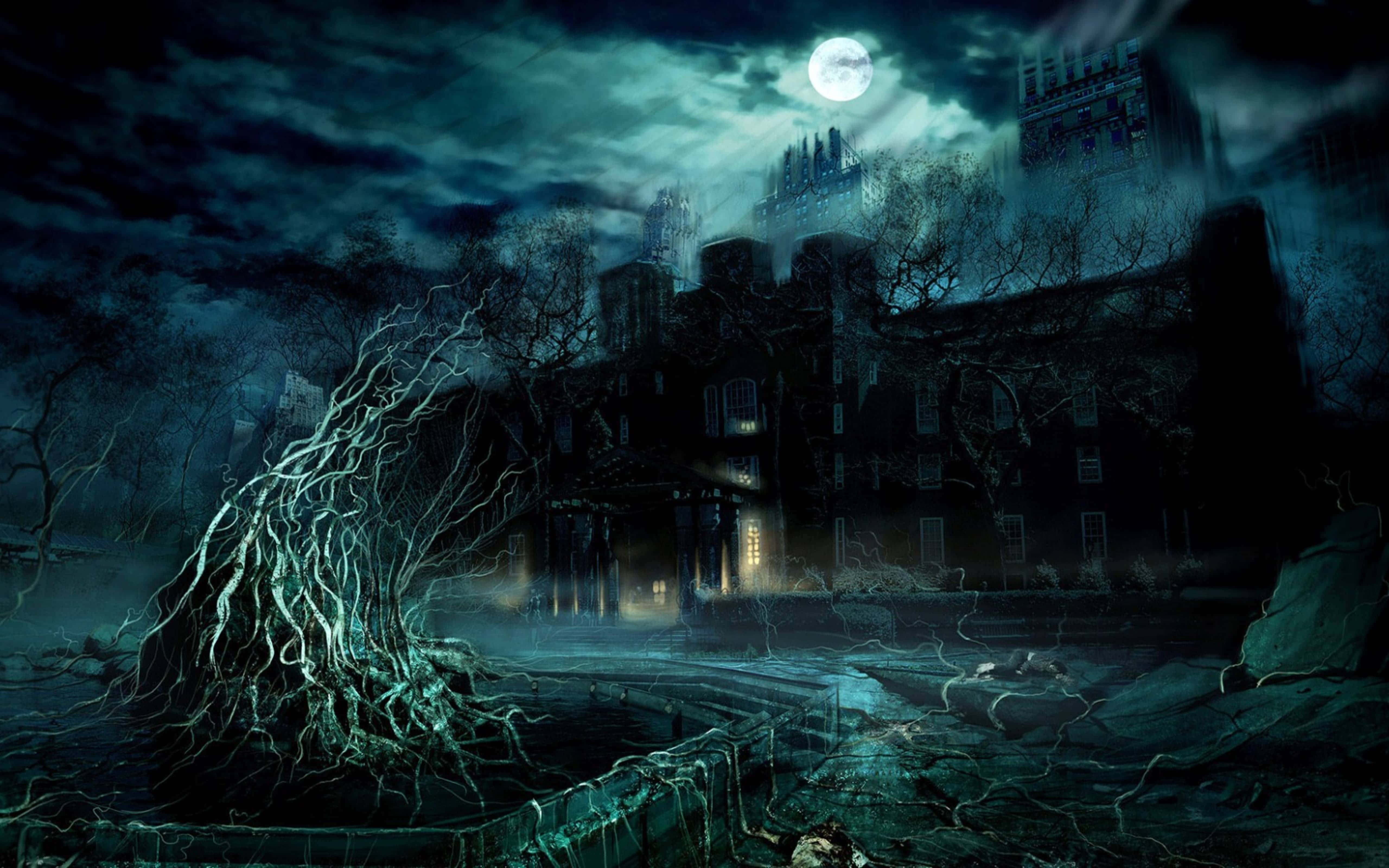 haunted mansion, full moon, eerie glowing roots, 5K Desktop Wallpaper