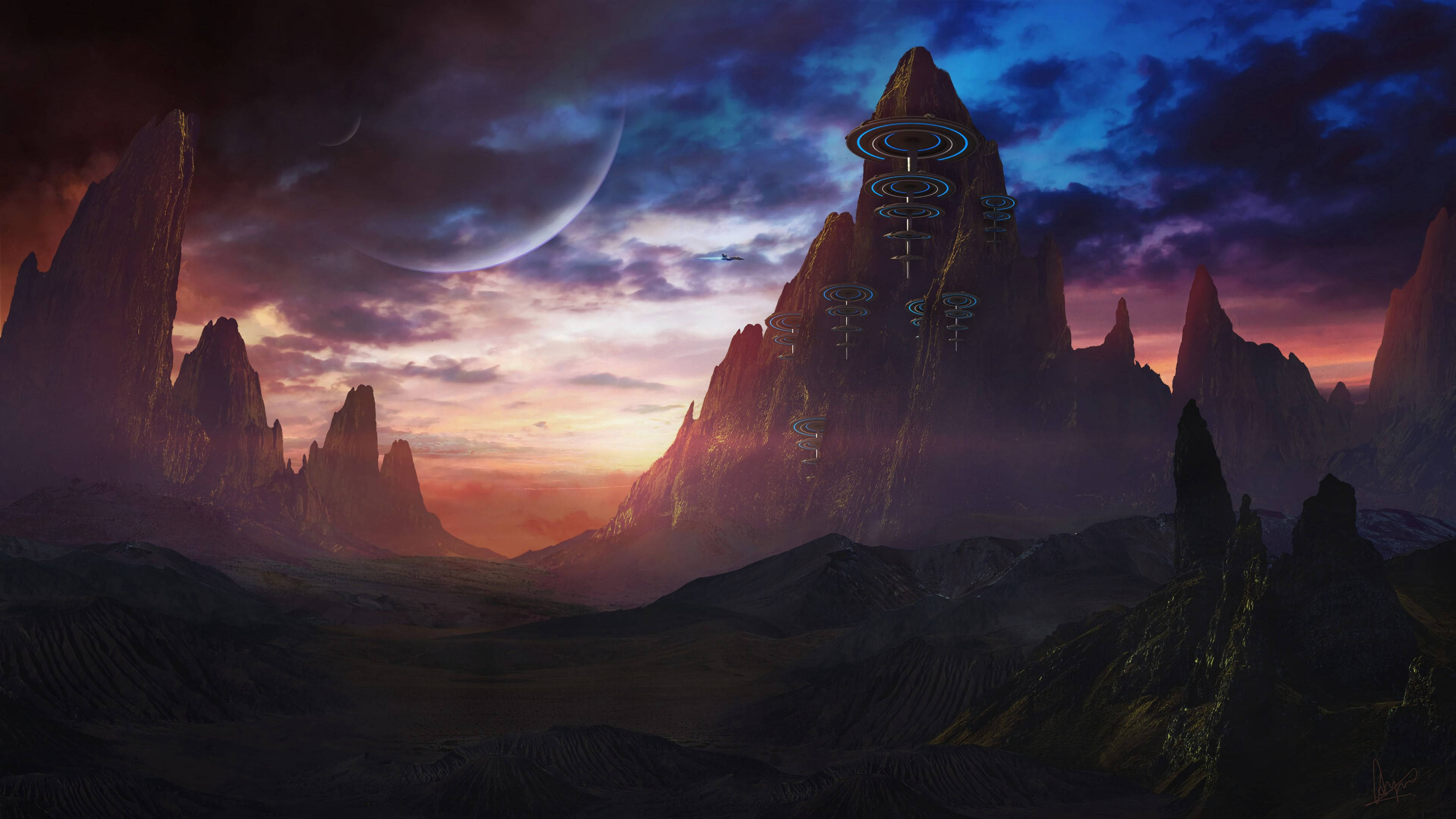 fantasy mountain landscape, surreal alien landscape, jagged mountains, 4K Desktop Wallpaper