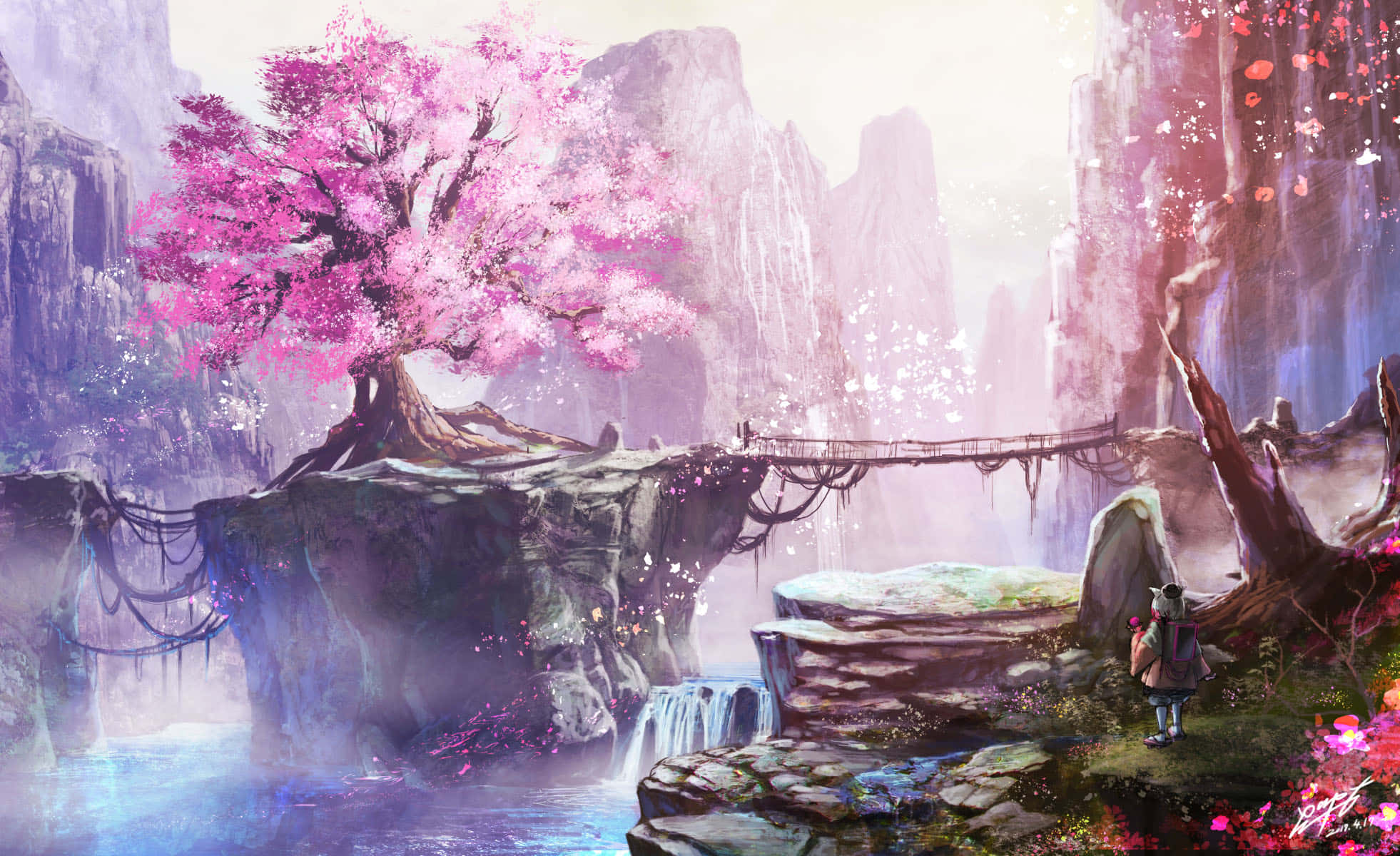 Cherry Blossoms, anime scenery, vibrant pink cherry blossom tree, Full HD Desktop Wallpaper