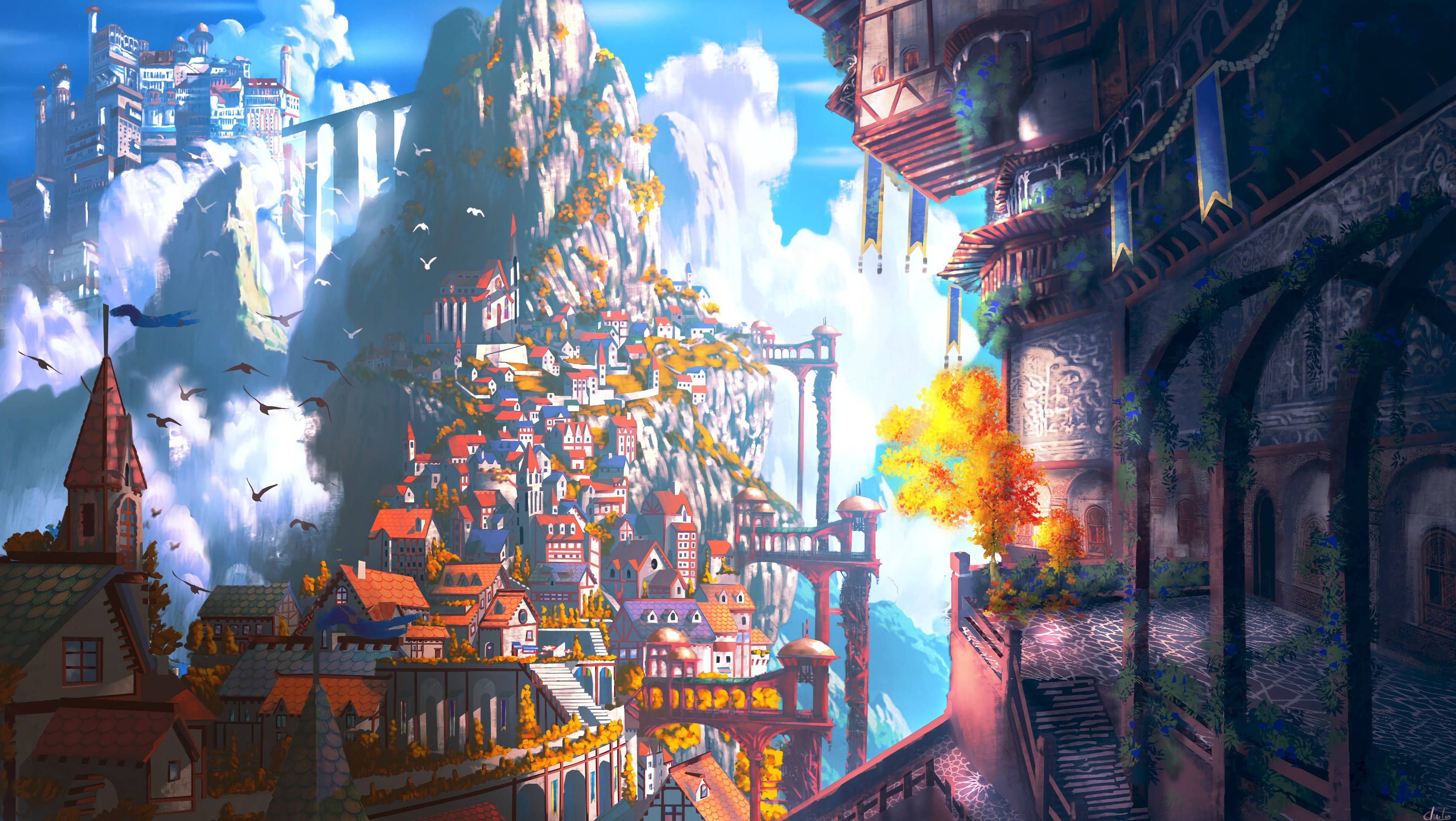 fantasy city, castle, mountains, 2K Desktop Wallpaper