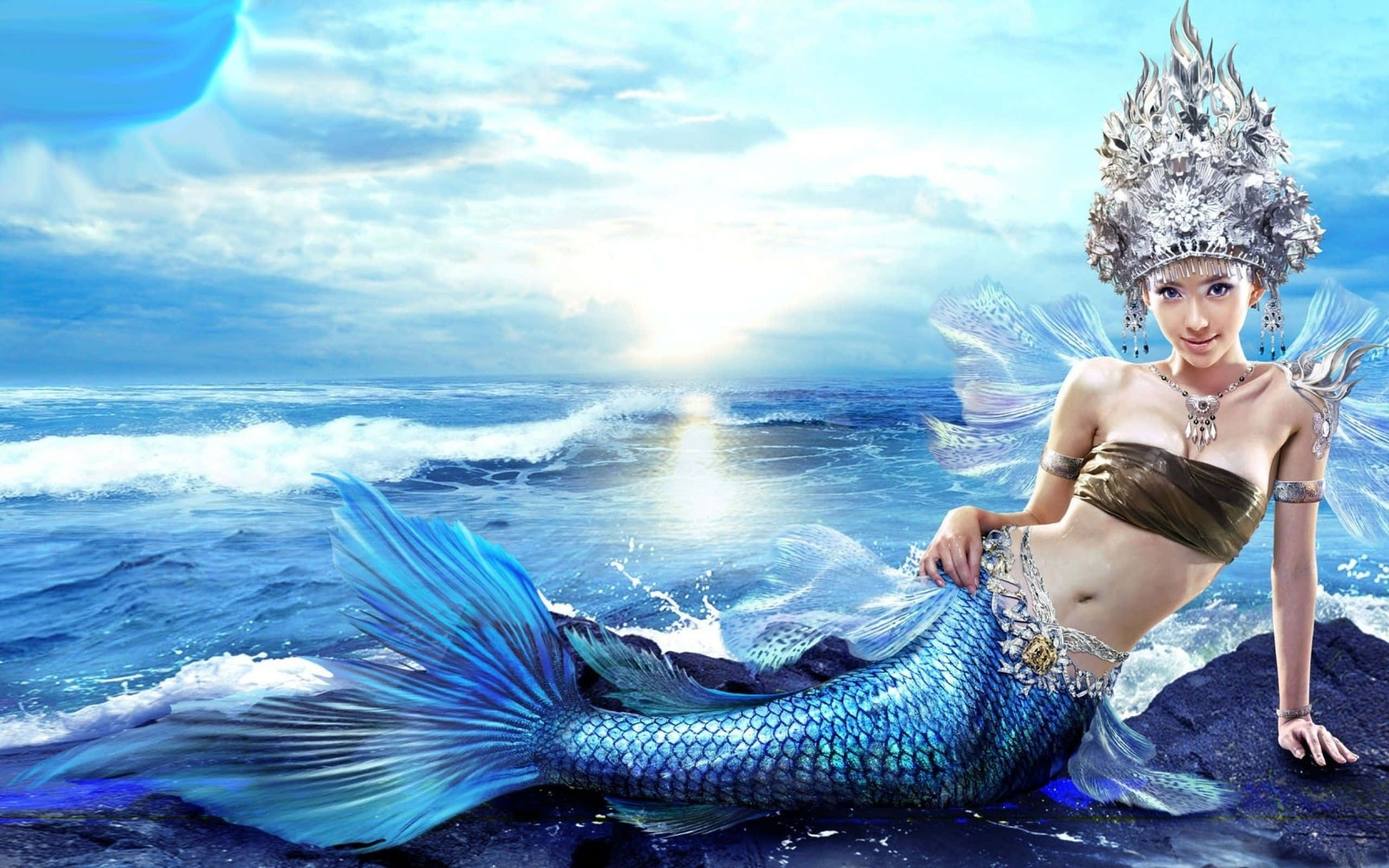 mermaid, sparkly blue tail, silver headpiece, 2K Desktop Wallpaper