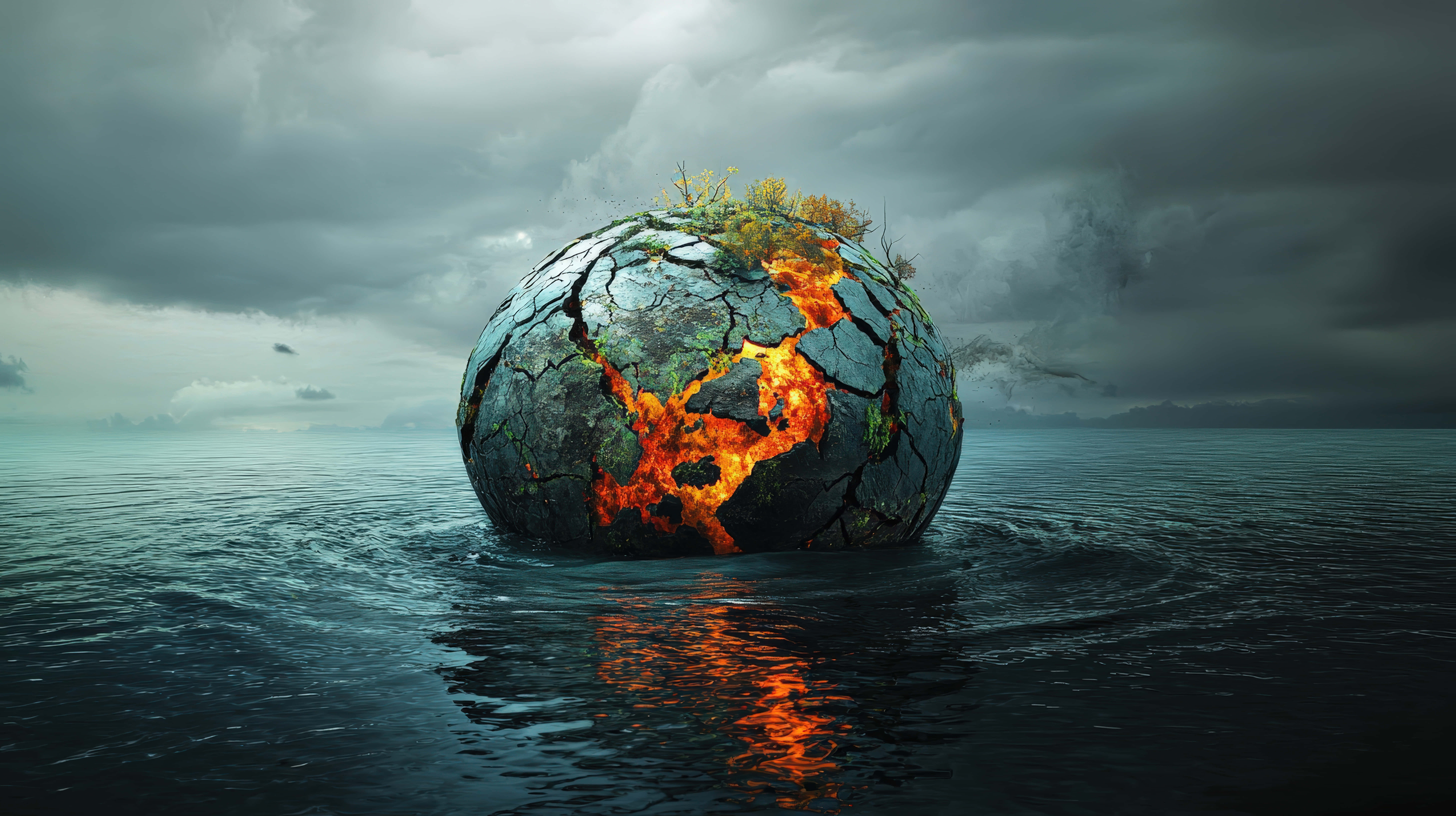cracked molten Earth, ocean, glowing orange lava, 8K Desktop Wallpaper