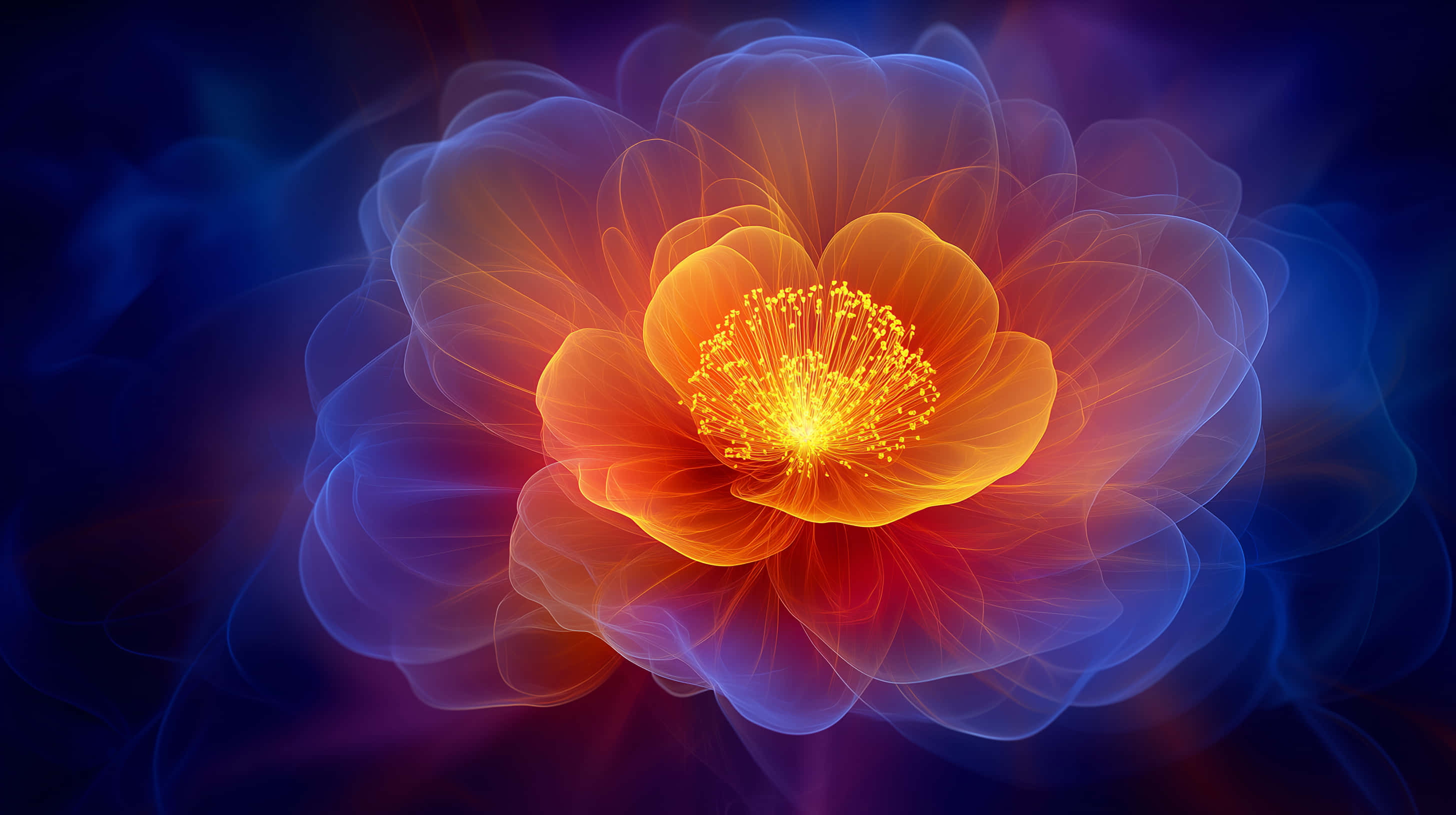 luminous orange flower, glowing yellow stamens, swirling blue and purple nebula background, 2K Desktop Wallpaper