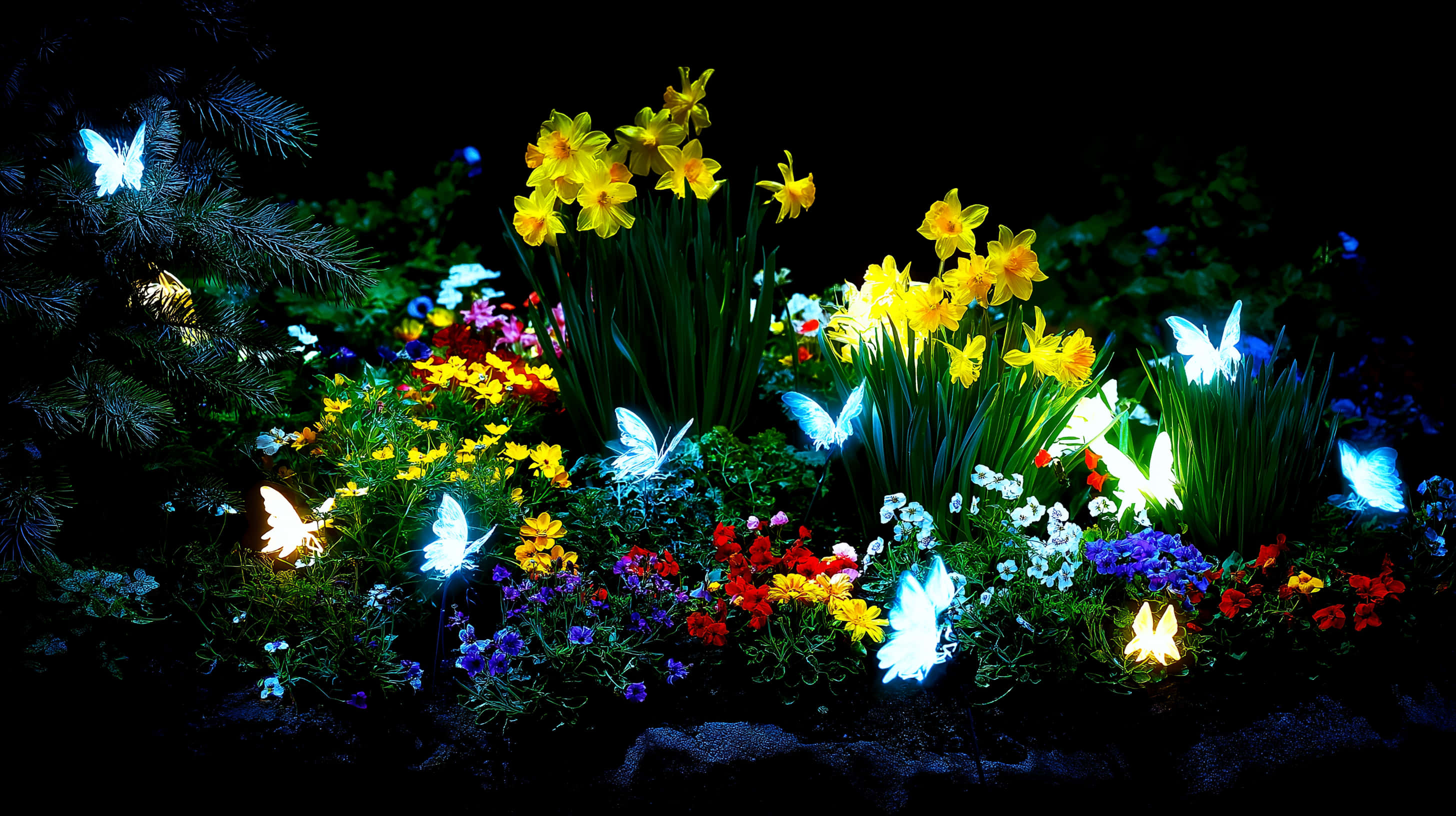 glowing butterfly decorations, dark garden, night lights, 2K Desktop Wallpaper