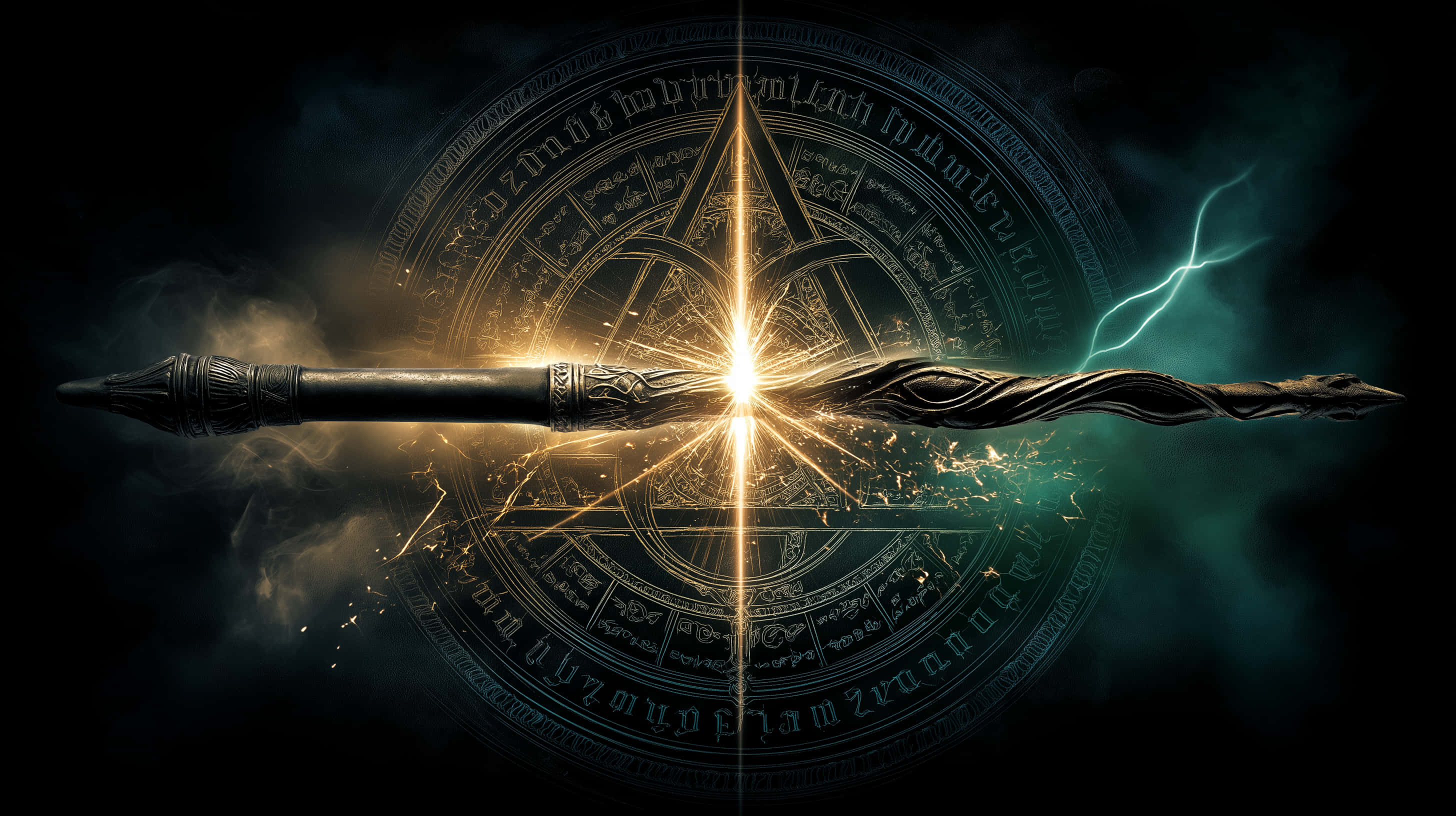 mystical wand, rune circle, golden light, 2K Desktop Wallpaper