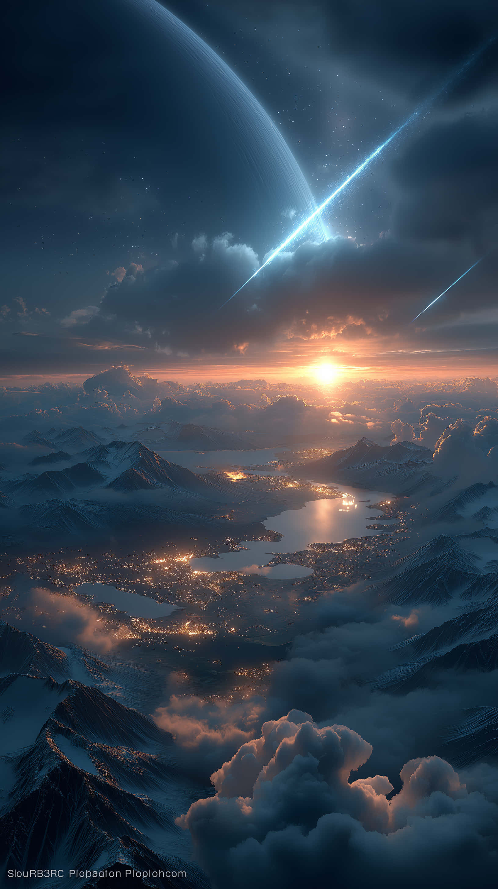 planetary descent, mountainous landscape, sunrise, 2K Phone Wallpaper