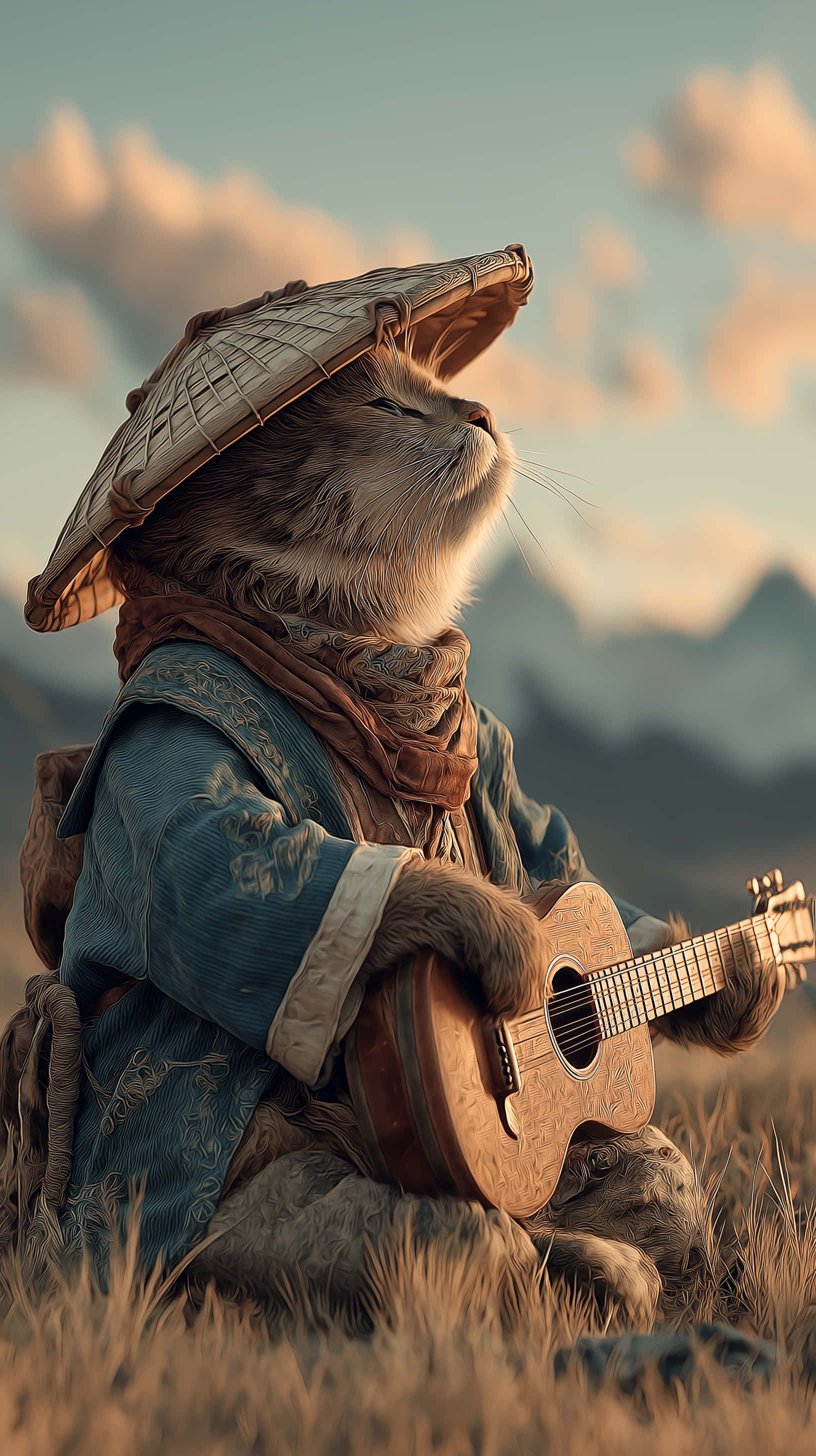 adventurous cat musician, acoustic guitar, woven hat, 2K Phone Wallpaper