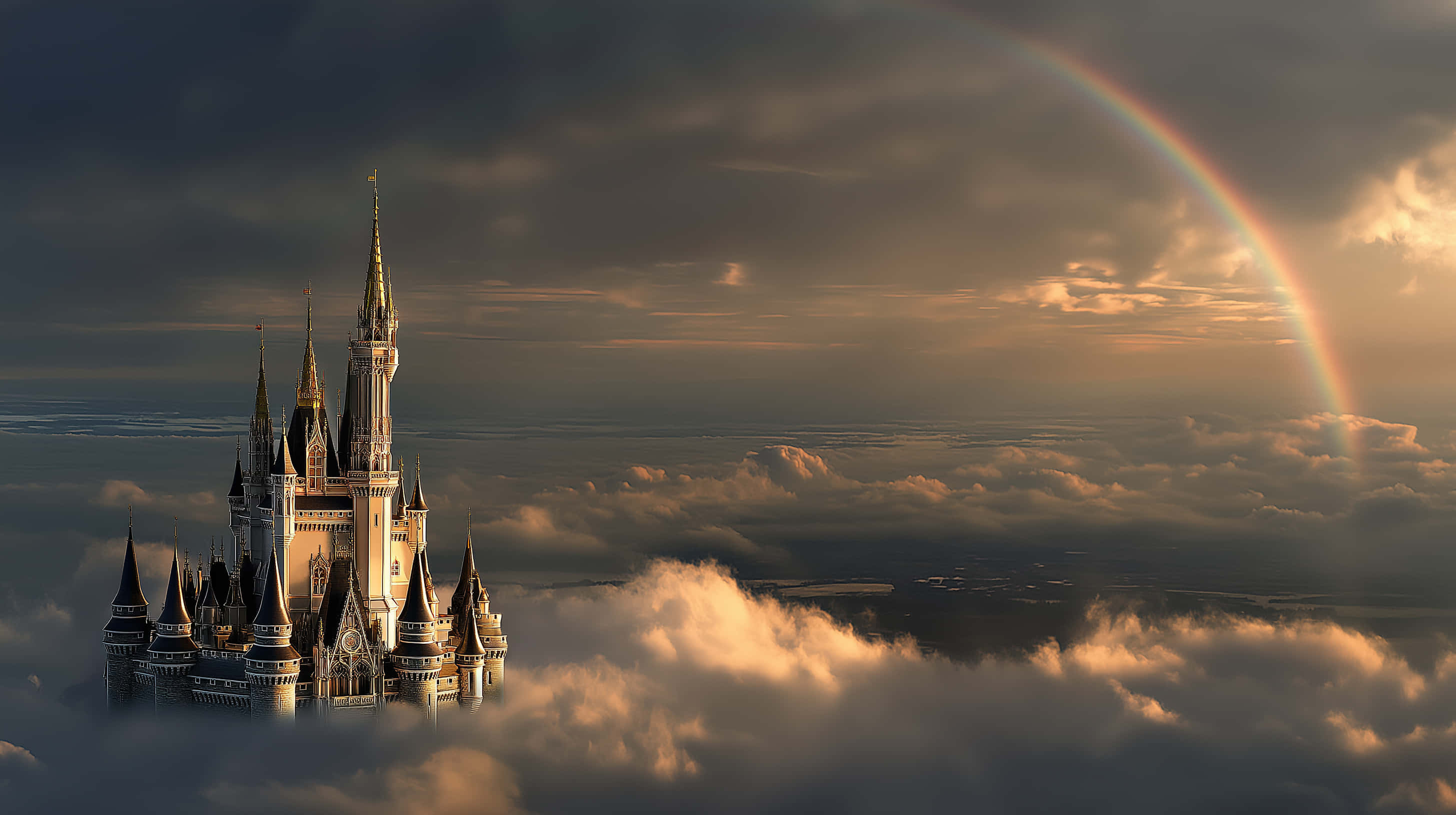 sunset, fairytale castle, clouds, 2K Desktop Wallpaper