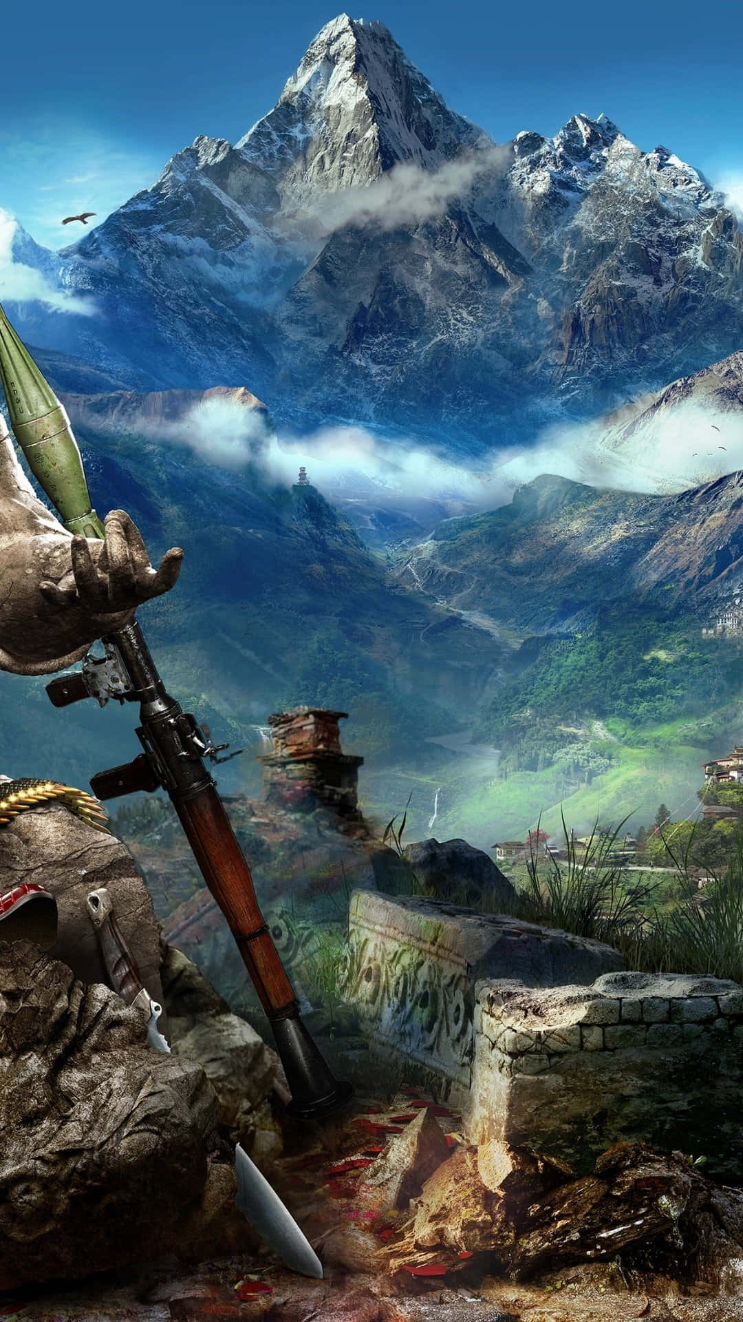 Far Cry 4, rifle, stone wall, Full HD Phone Wallpaper