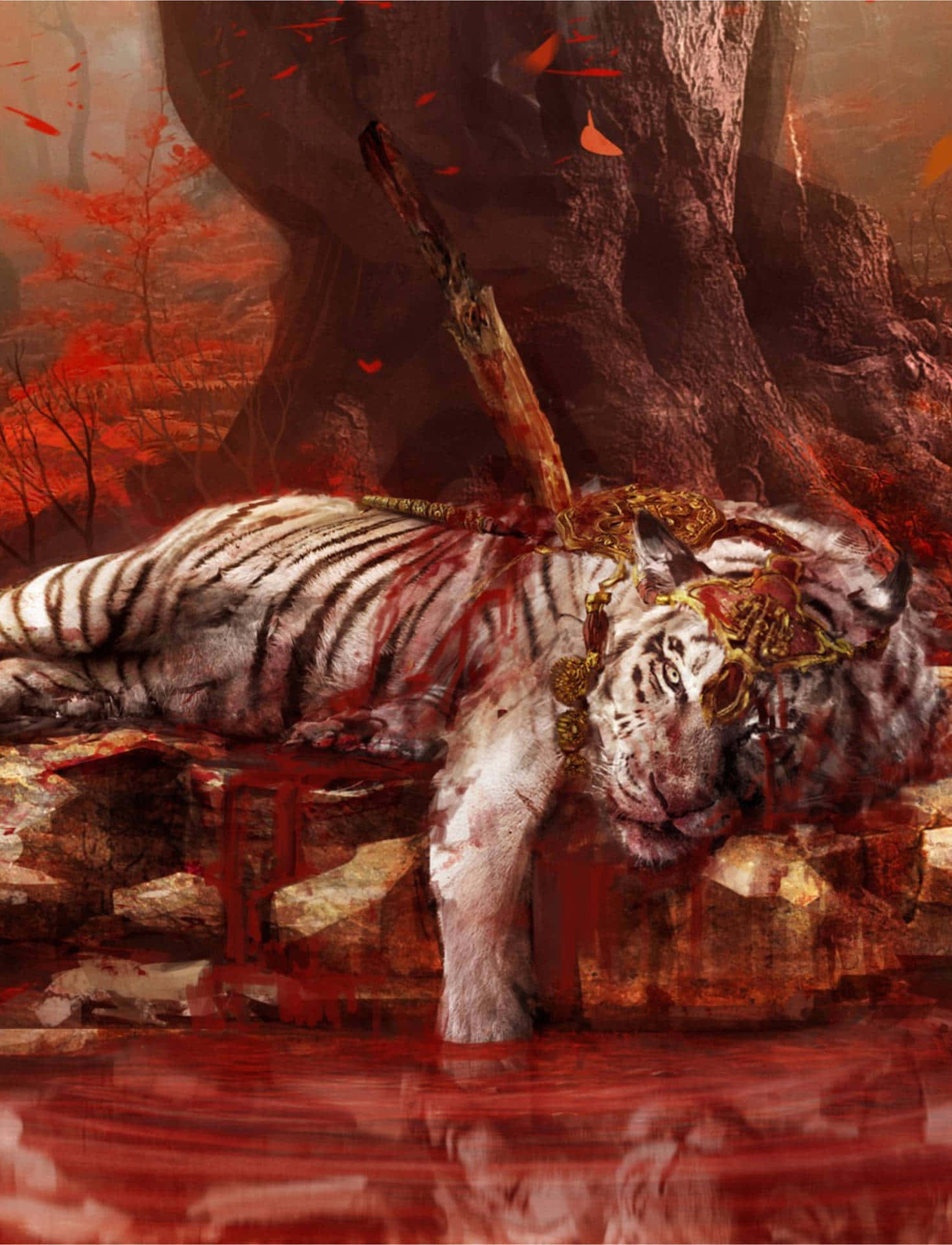 Far Cry 4, white tiger, bloody river, Full HD Phone Wallpaper