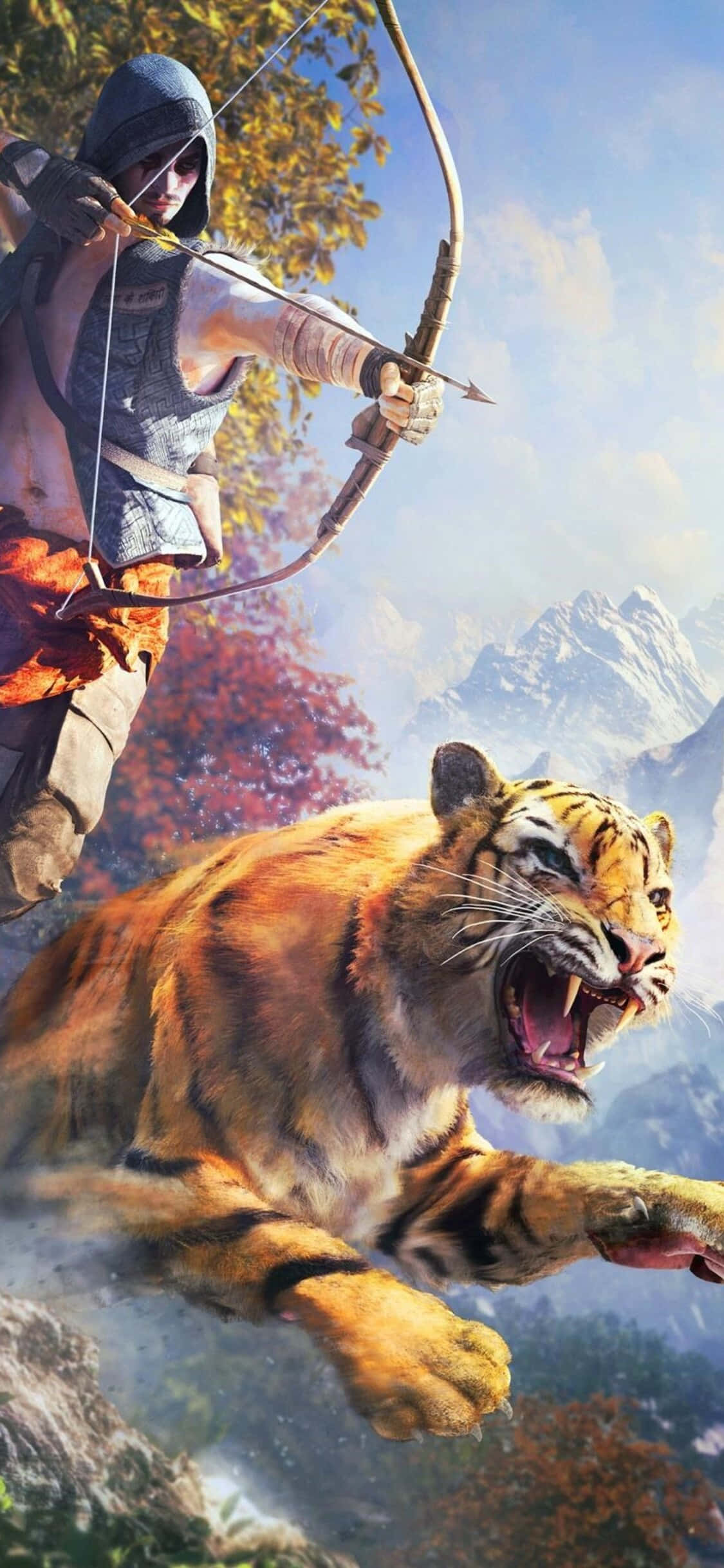Far Cry 4, hooded archer, roaring tiger, Full HD Phone Wallpaper