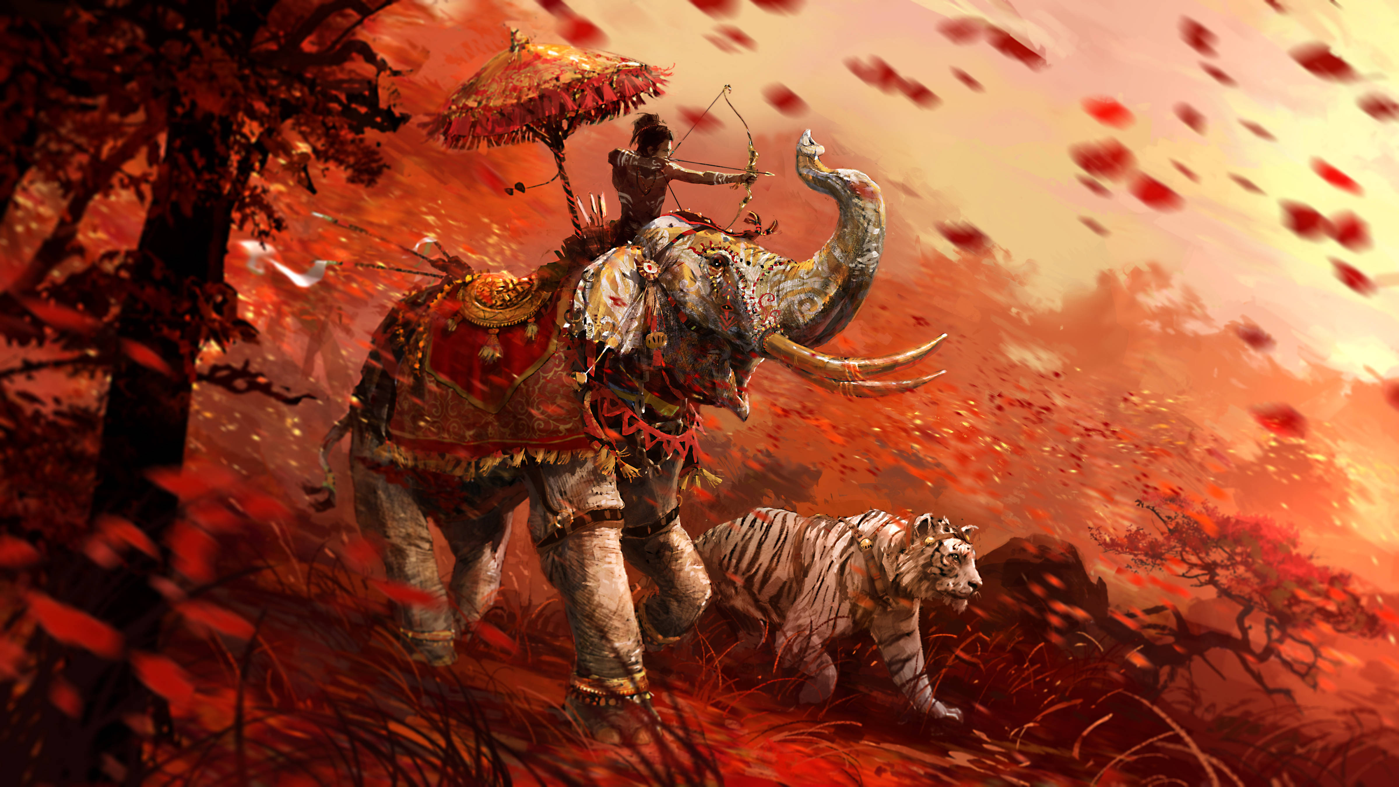 Far Cry 4, elephant, red and gold, 4K Desktop Wallpaper