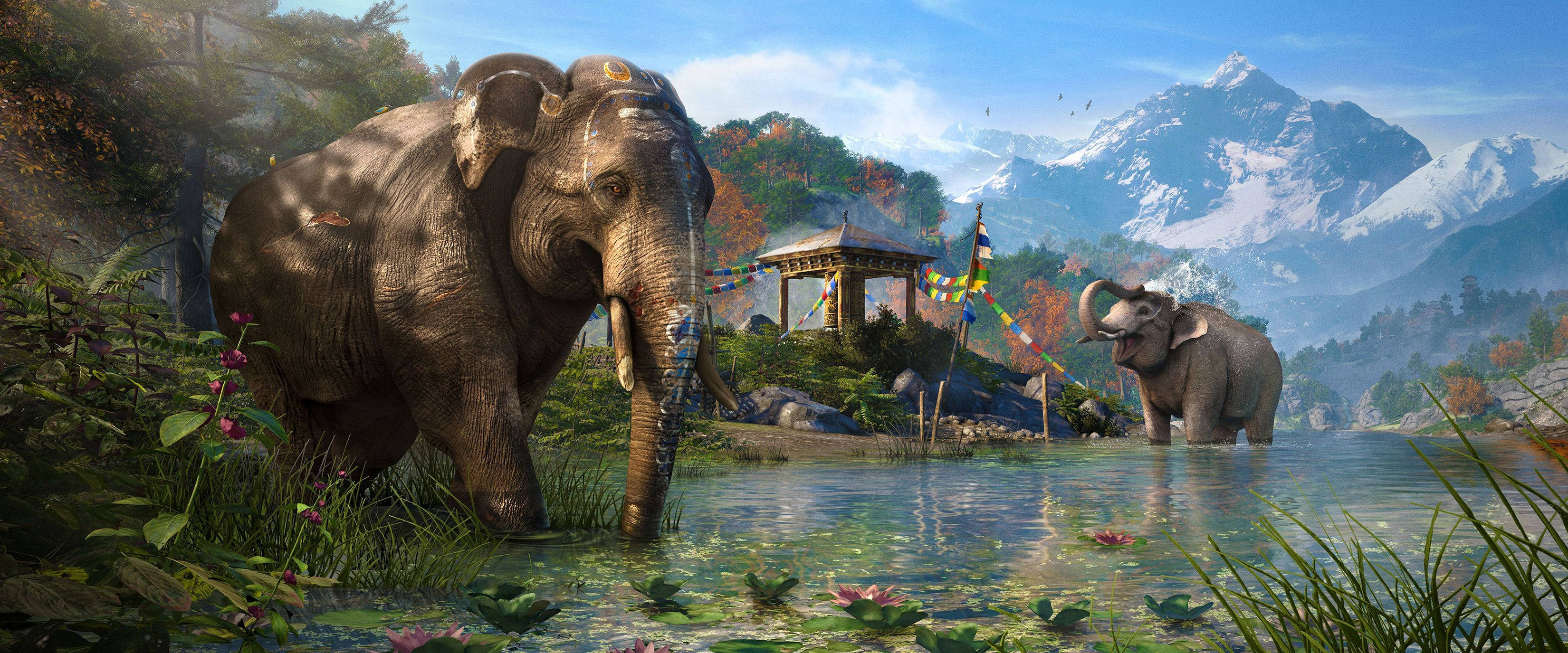 Far Cry 4, elephant water hole, lush foliage, 2K Desktop Wallpaper