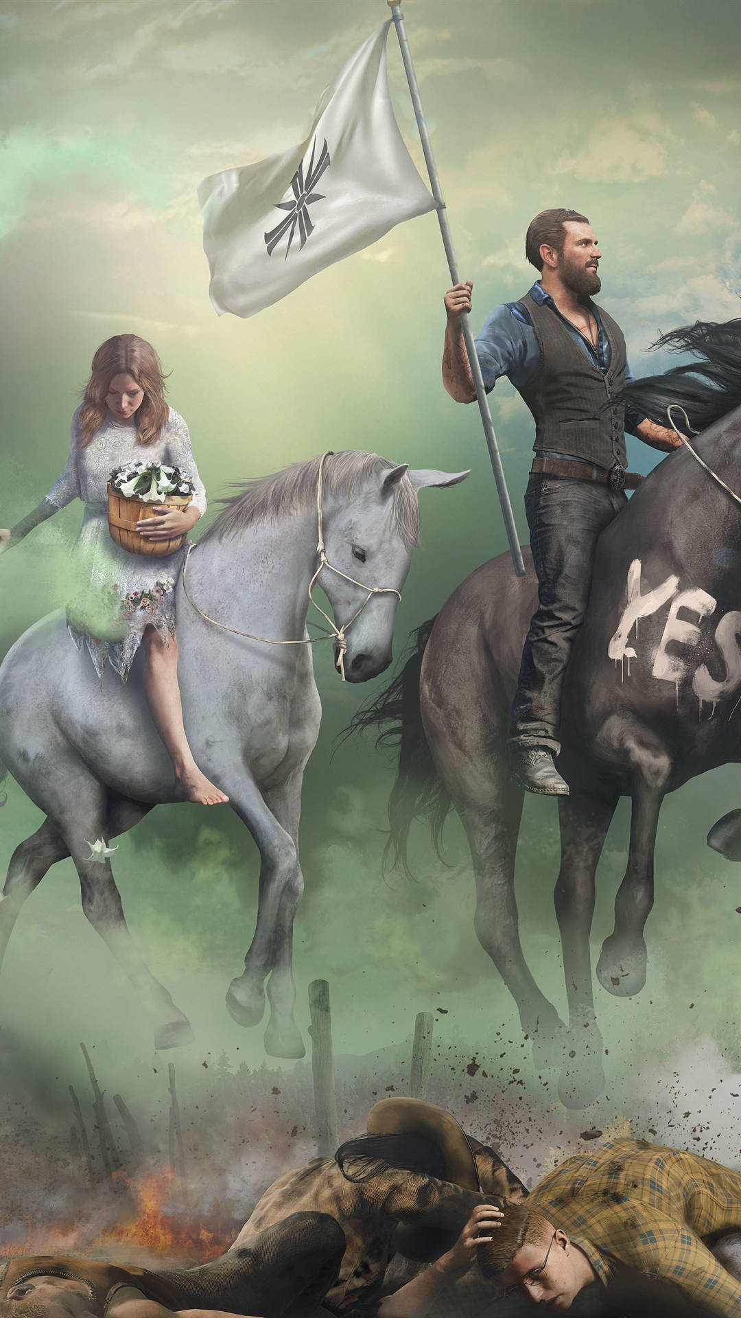 Far Cry 5, horses, misty battlefield, Full HD Phone Wallpaper