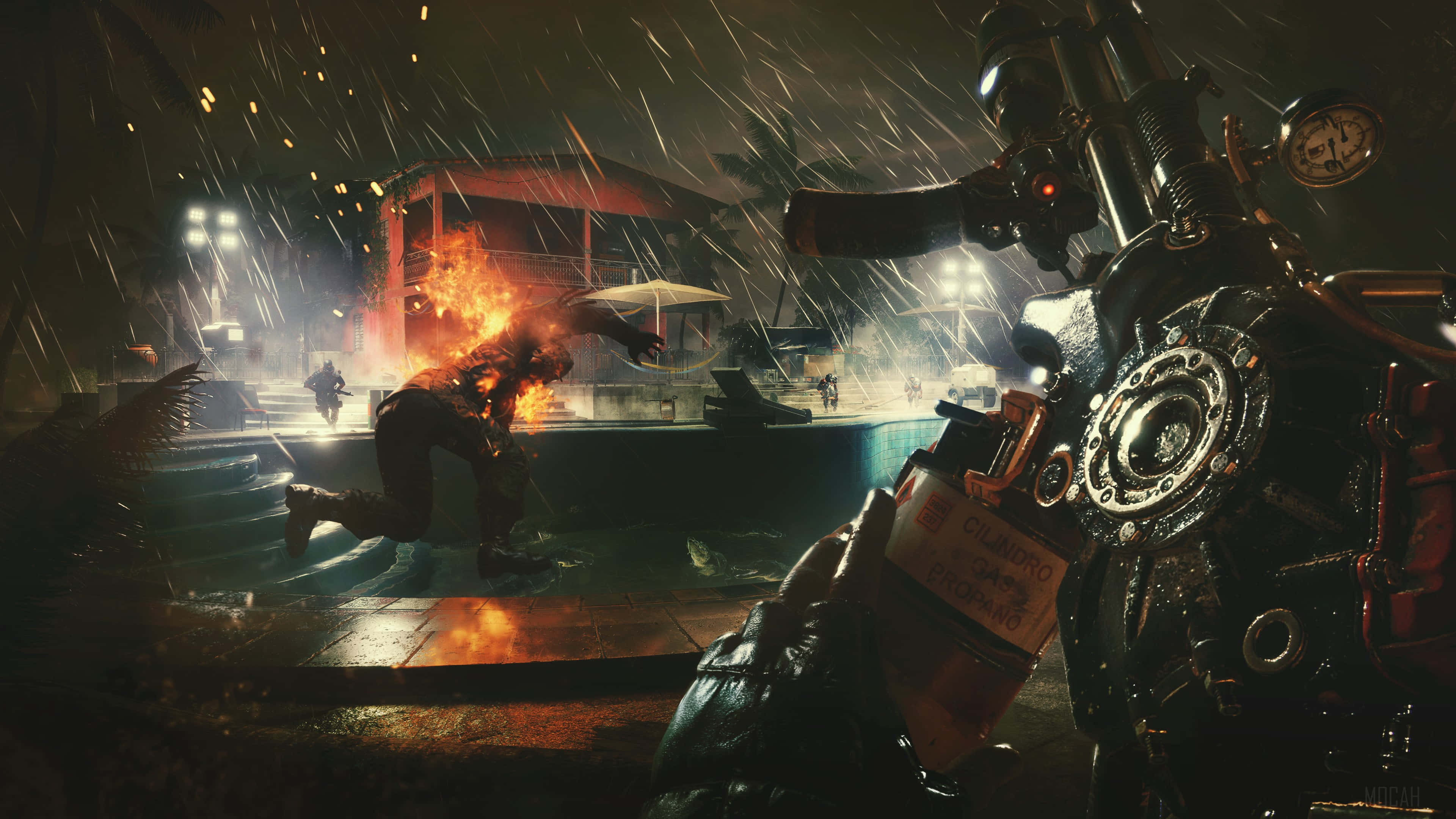 Far Cry, rain-soaked urban streets, mechanical arm, 4K Desktop Wallpaper