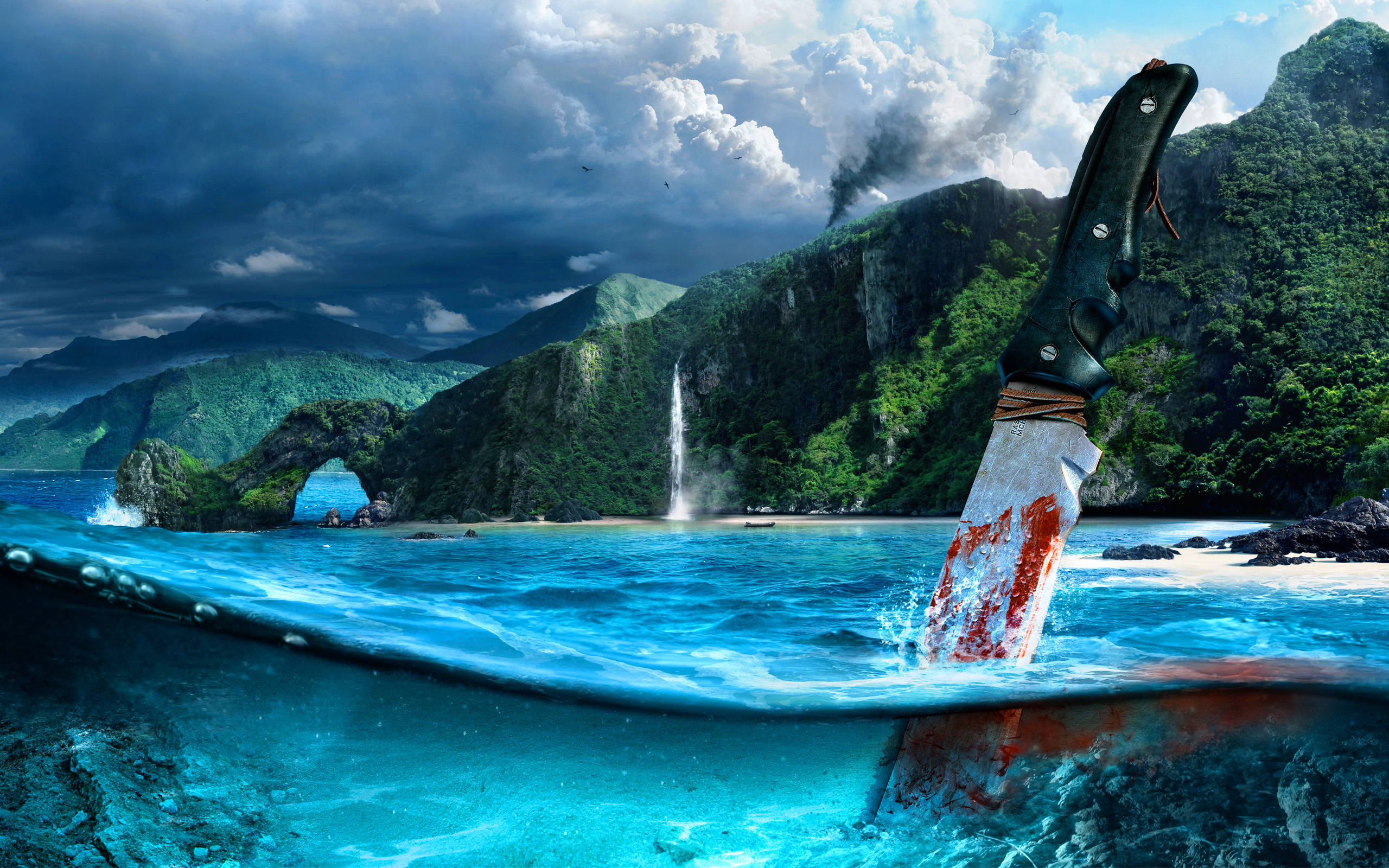 Far Cry 3, bloody knife, turquoise water, 2K Desktop Wallpaper