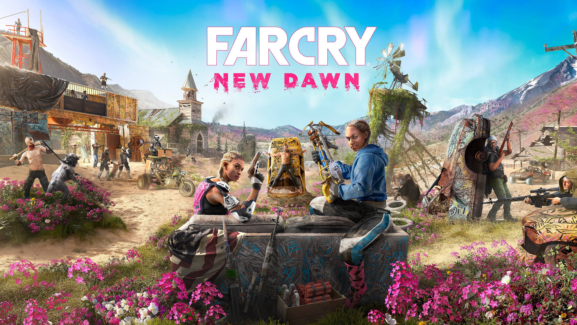 Far Cry New Dawn, post-apocalyptic town, vibrant pink flowers, Full HD Desktop Wallpaper