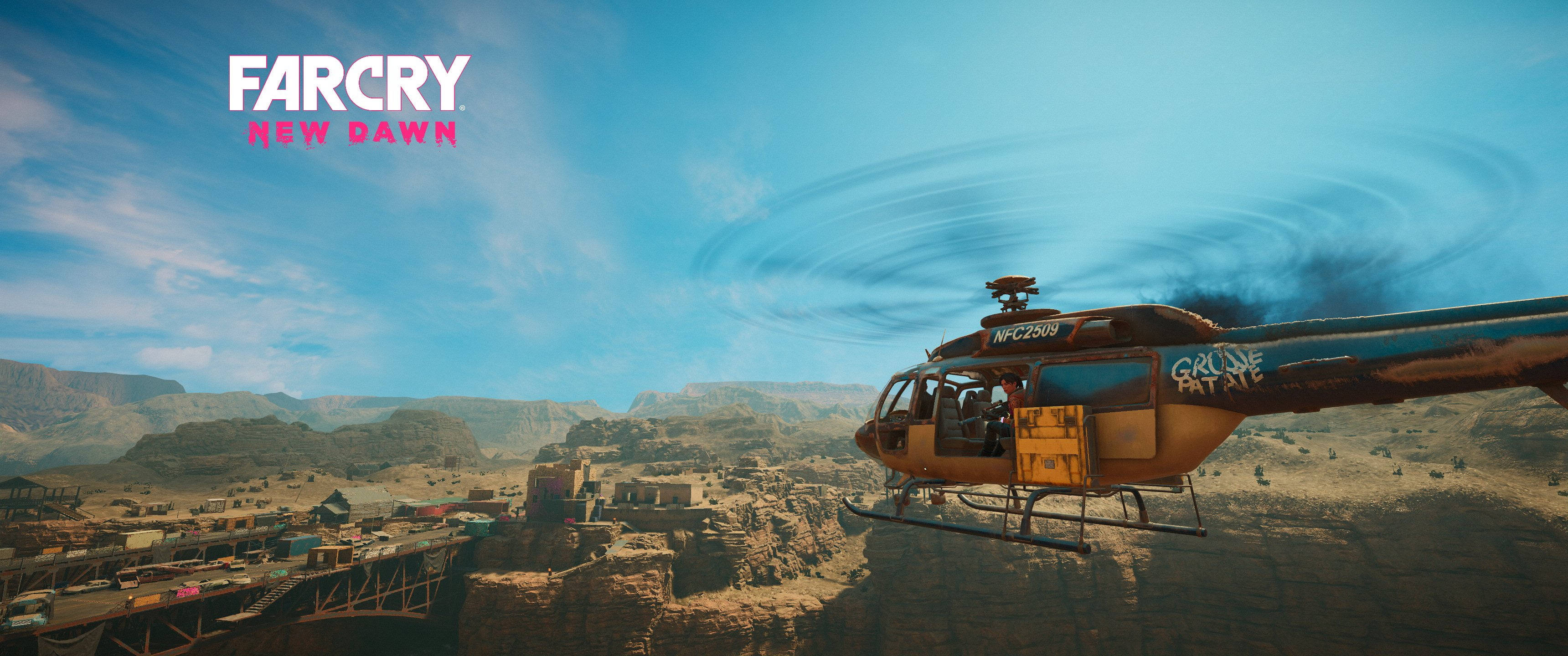 Far Cry New Dawn, helicopter, desert canyon town, 2K Desktop Wallpaper