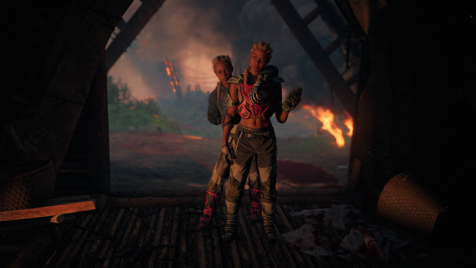 Far Cry New Dawn, twins, dim wooden structure, Full HD Desktop Wallpaper
