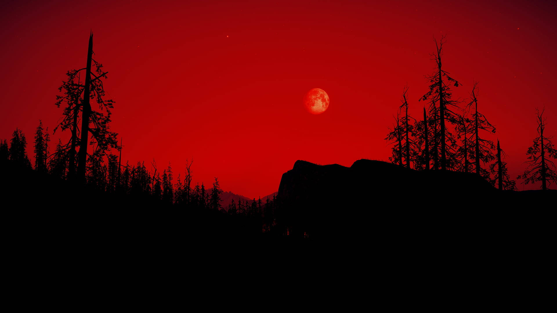 Far Cry New Dawn, blood red moon, dark forest silhouette, Full HD Desktop Wallpaper