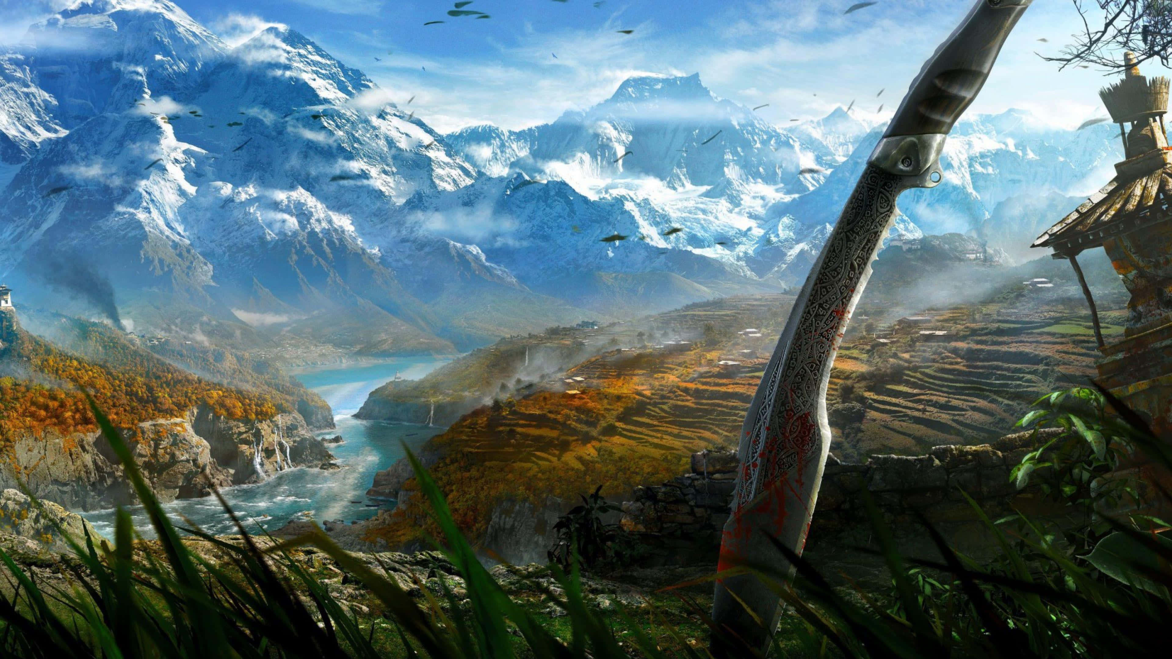 Far Cry, snow-capped mountain range, winding river, 4K Desktop Wallpaper