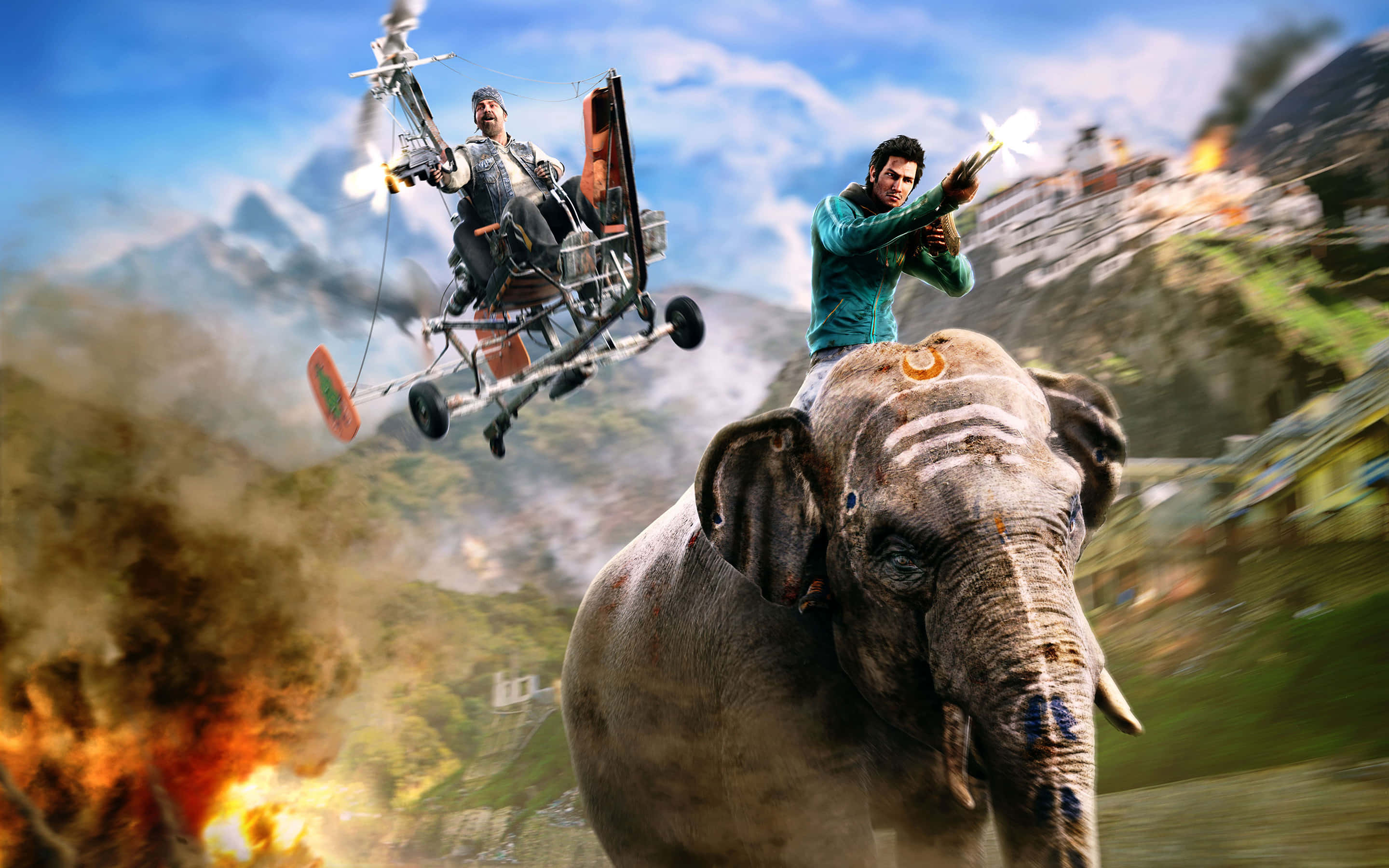 Far Cry 4, elephant, flying machine, 2K Desktop Wallpaper