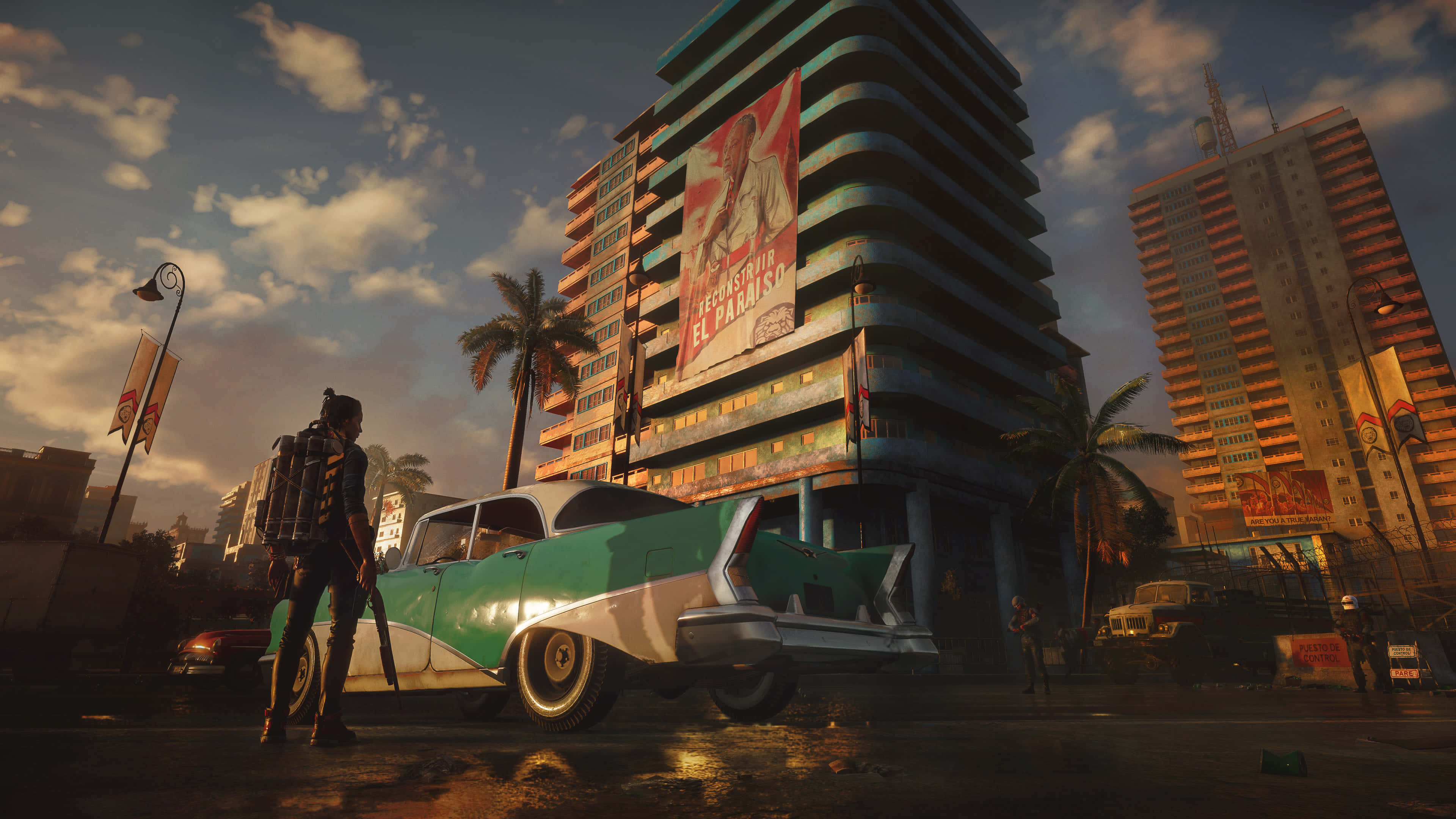 Far Cry, tall building, vintage green and white car, 4K Desktop Wallpaper