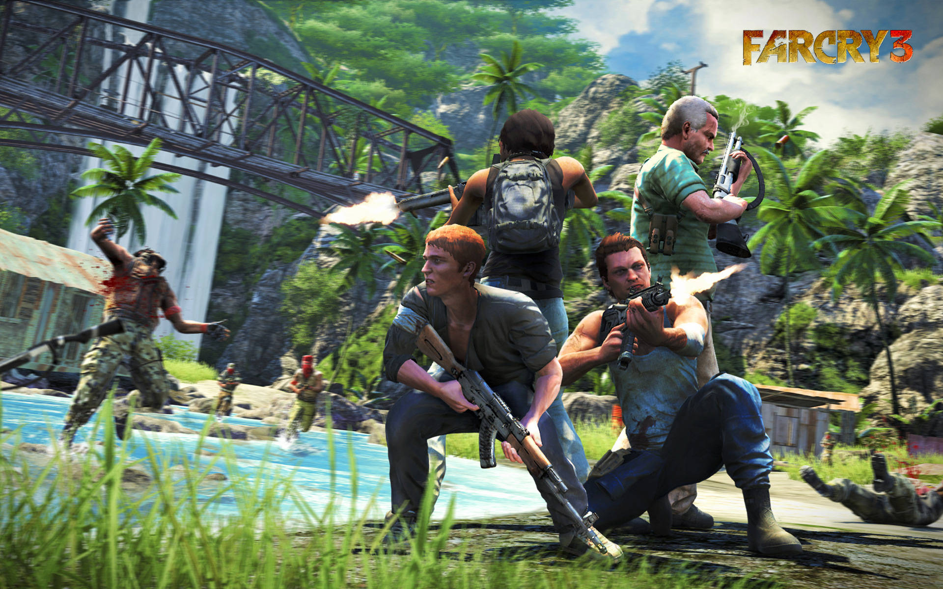 Far Cry 3, gun battle, river, Full HD Desktop Wallpaper