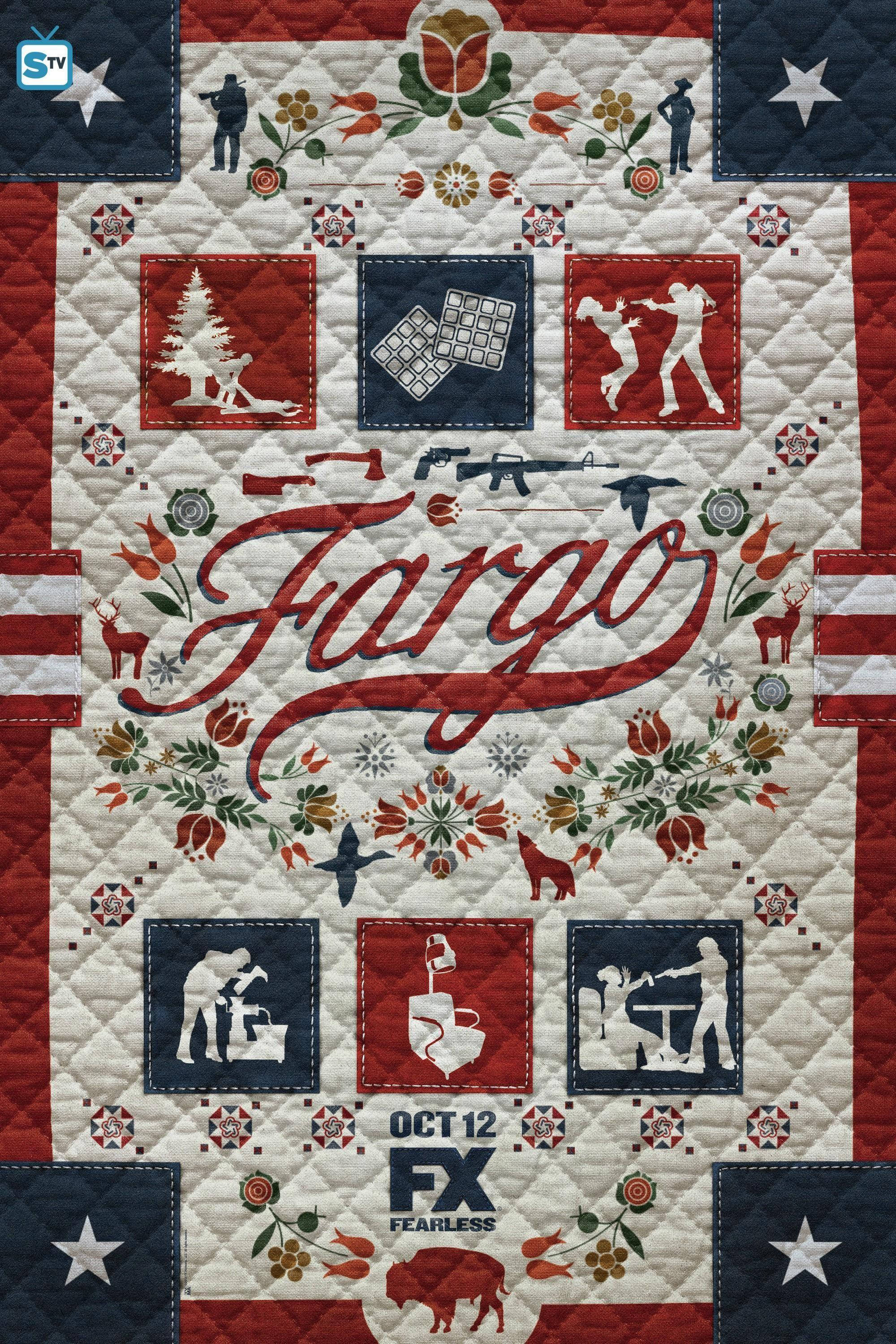 Fargo, red white and blue patches, silhouettes of hunters, 2K Phone Wallpaper