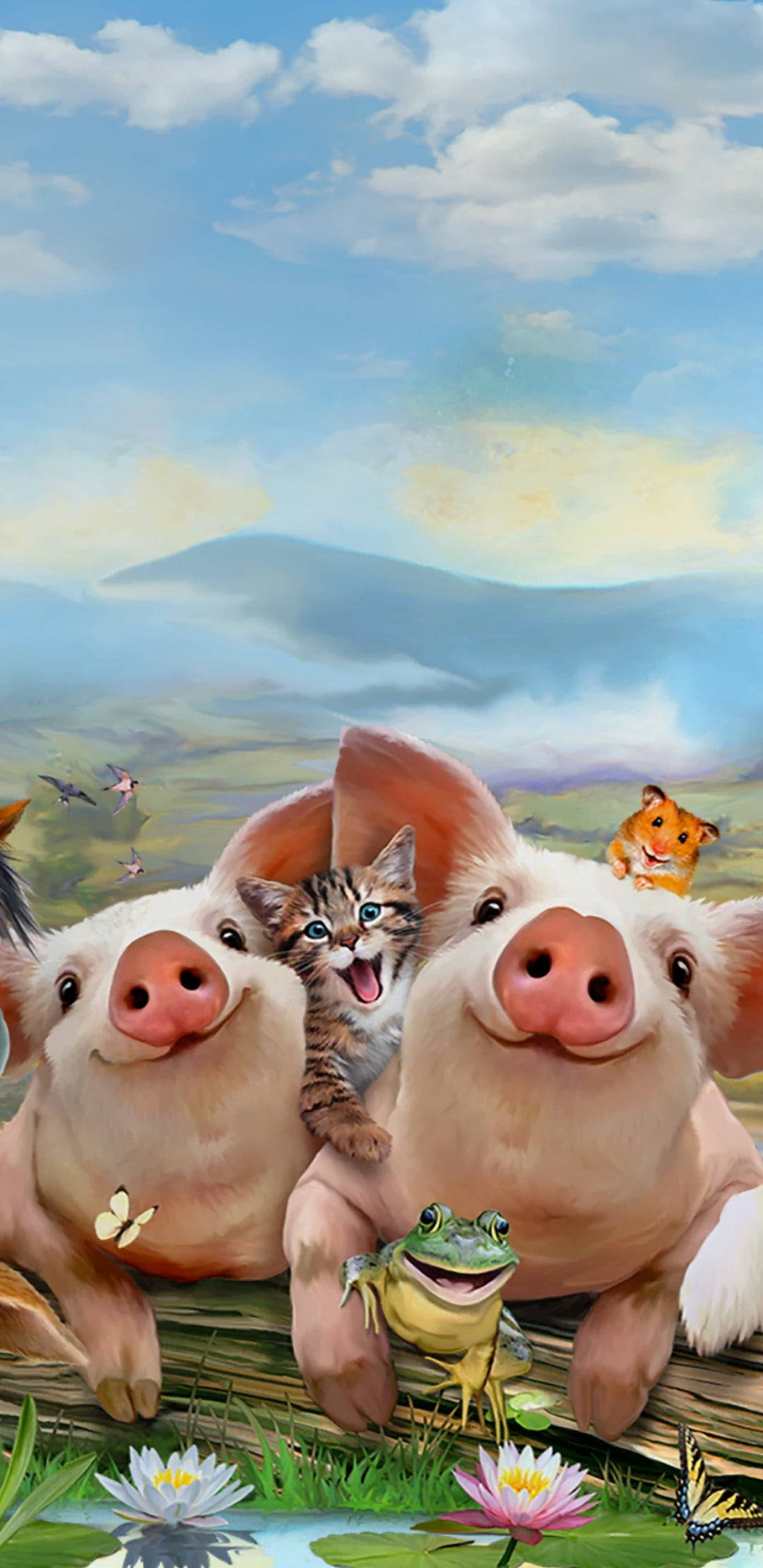 farm pig, cat, kitten, Full HD Phone Wallpaper