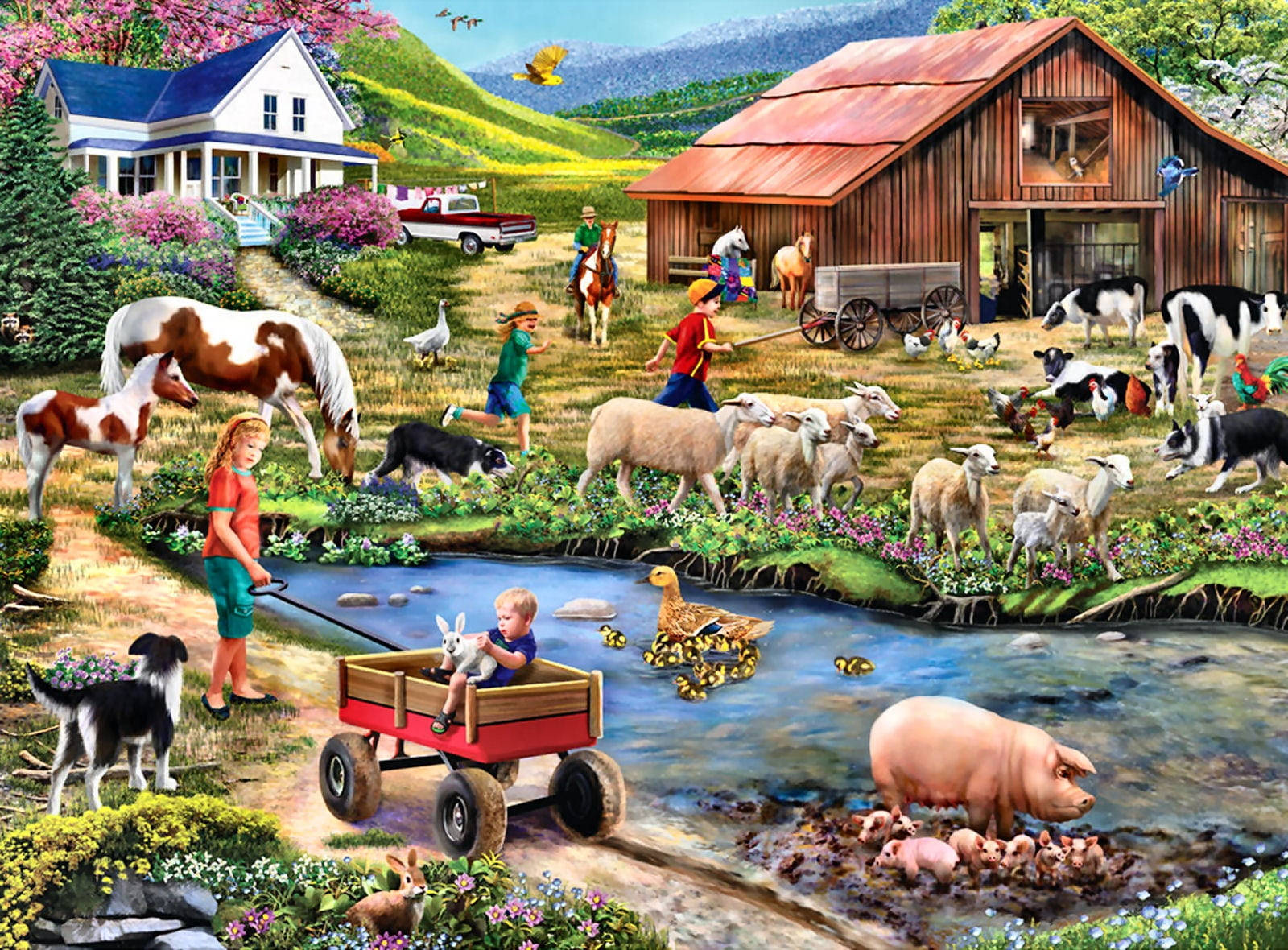 farmhouse, animals, stream, HD Desktop Wallpaper