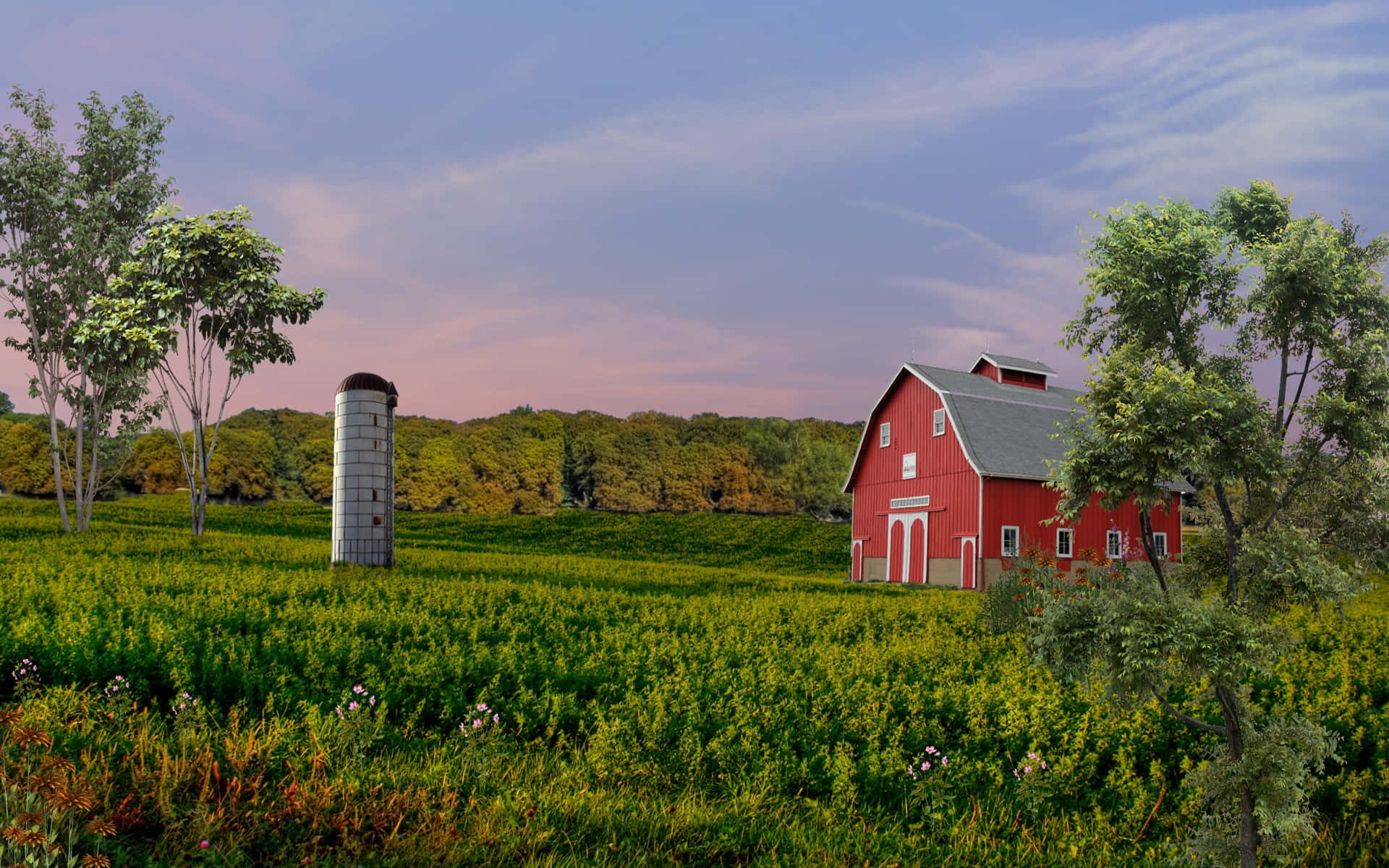 red barn, white trim, lush green field, Full HD Desktop Wallpaper