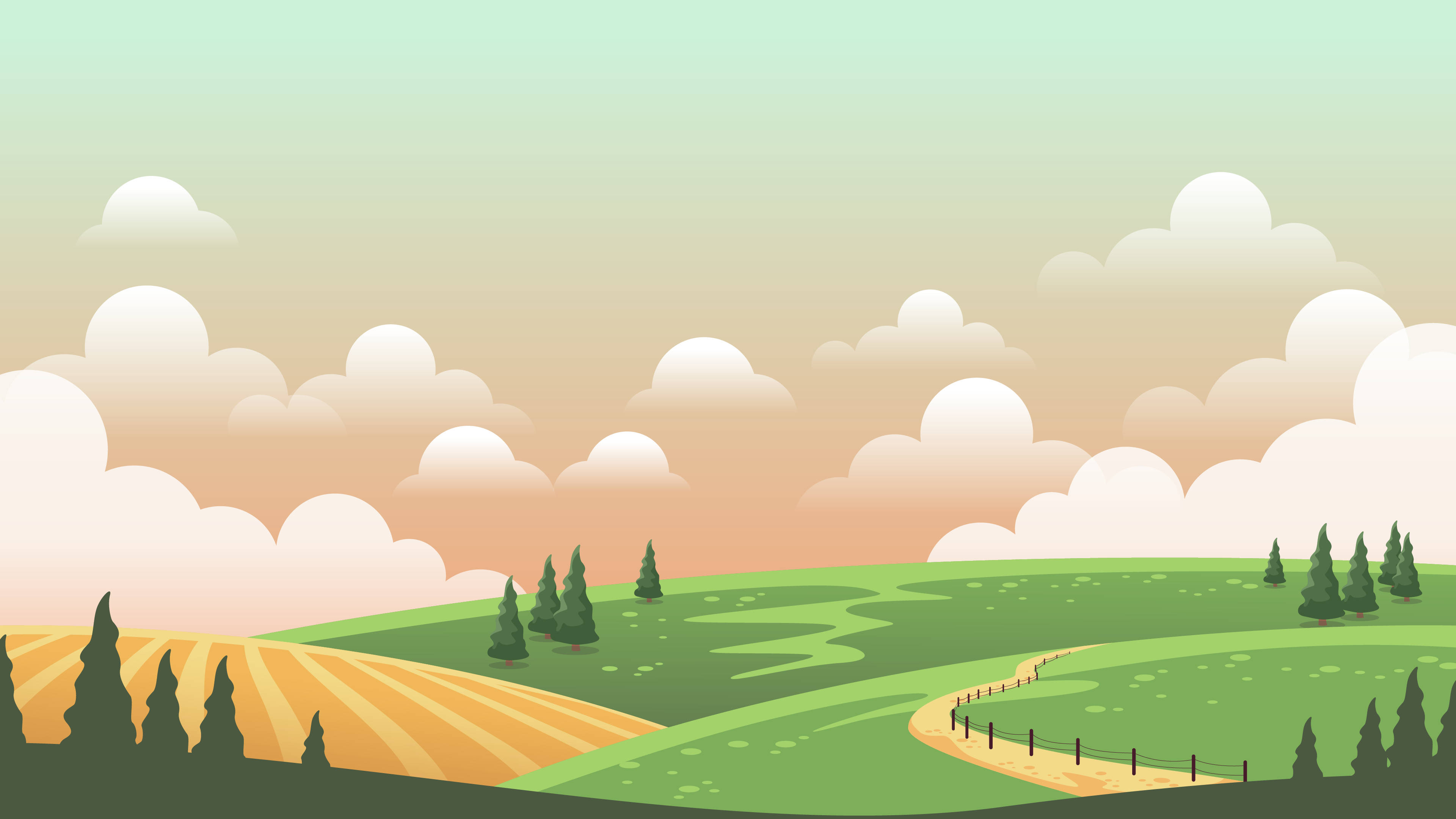 Countryside Barn, Sunny Meadow, Pastel Landscape, 4K Desktop Wallpaper