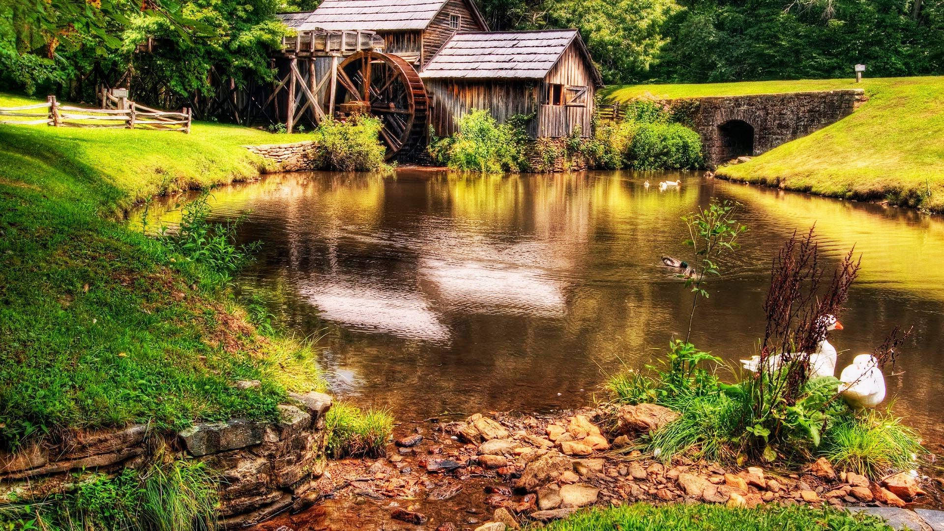 watermill, rustic wooden watermill, spinning wheel, Full HD Desktop Wallpaper