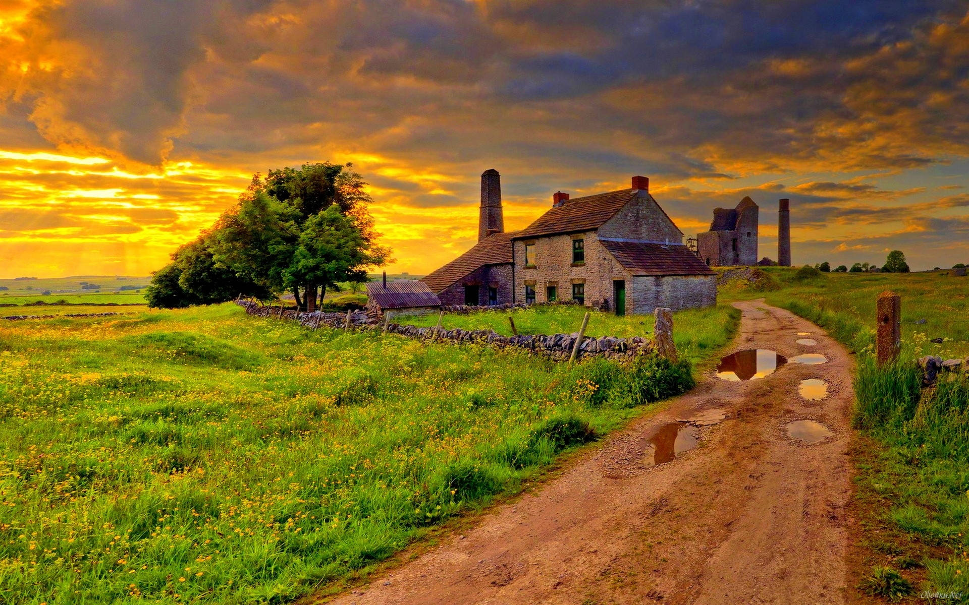 farmhouse, stone farmhouse, chimneys, Full HD Desktop Wallpaper