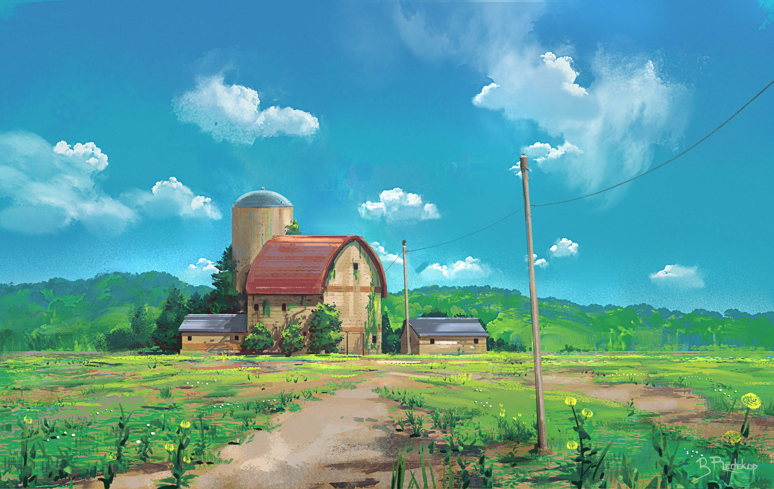 Farm Desktop, red-roofed barn, silo, 2K Desktop Wallpaper